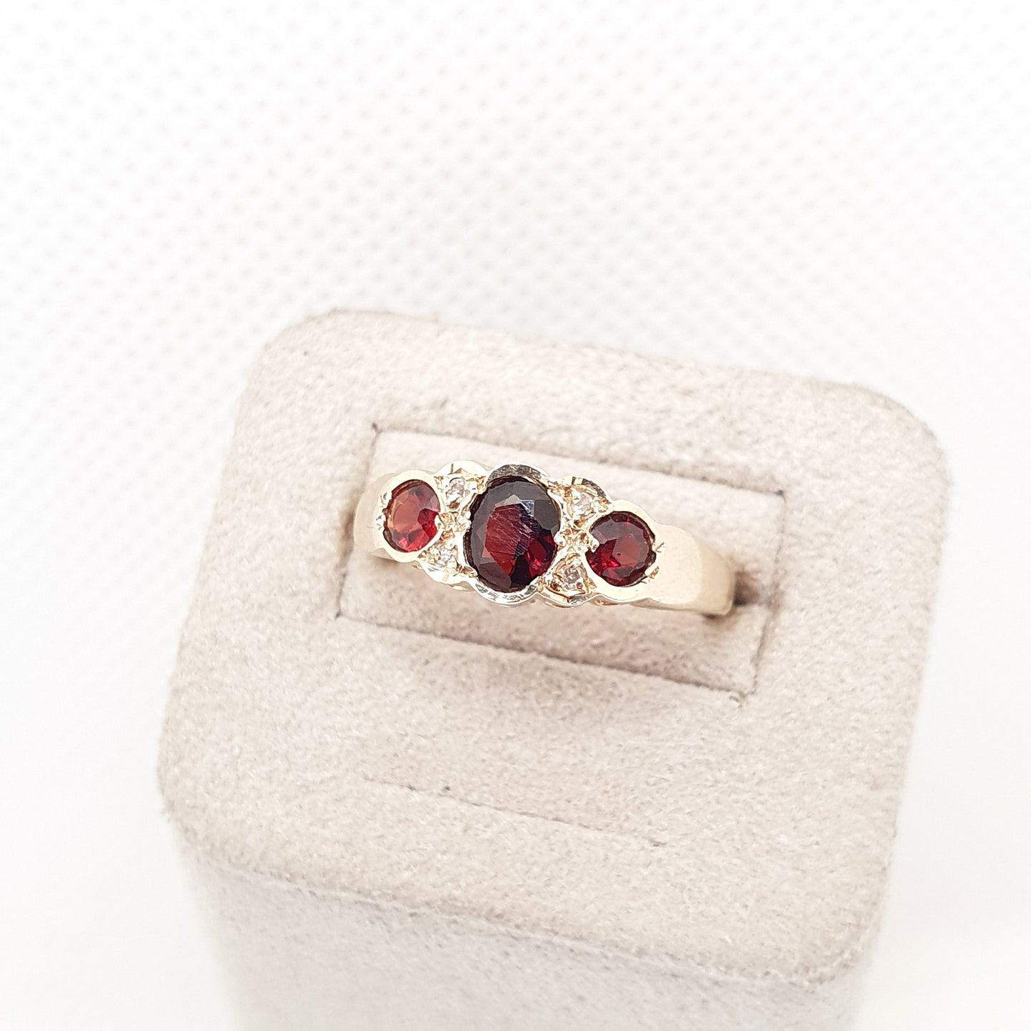Vintage 9ct Gold Garnet Diamond Ring Solid 9k 375 Gypsy 1989 Hallmarked Crimson Red Pyrope Fine Gemstone Womens Retro Jewelry Jewellery