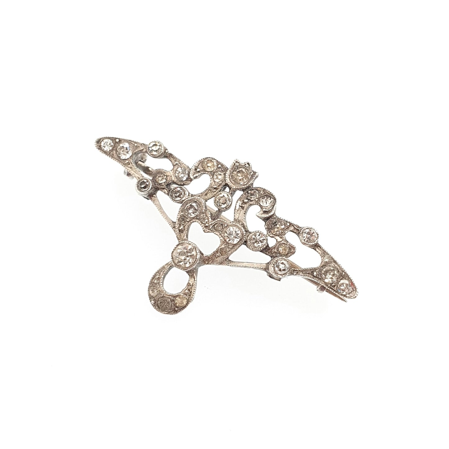 Antique Victorian Solid Silver Diamond Paste Brooch Pin Scroll Art Nouveau Ornate Late 1800s Sparkly Foiled Glass Cute Jewelry Jewellery