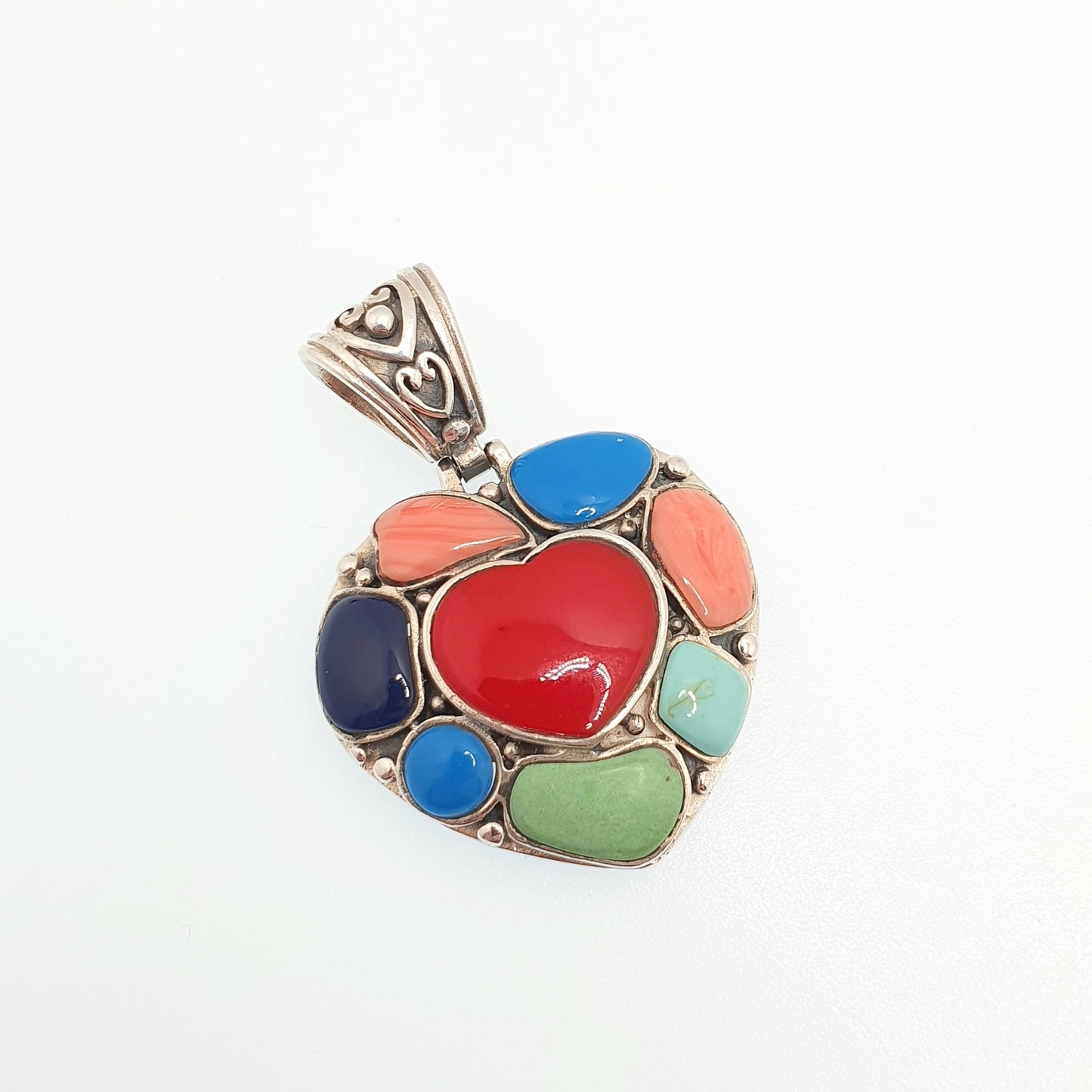 Vintage Sterling Silver Heart Necklace Pendant Multi Coloured Faux Gemstones Large Heavy Solid 925 Big Retro Womens Jewellery Jewelry