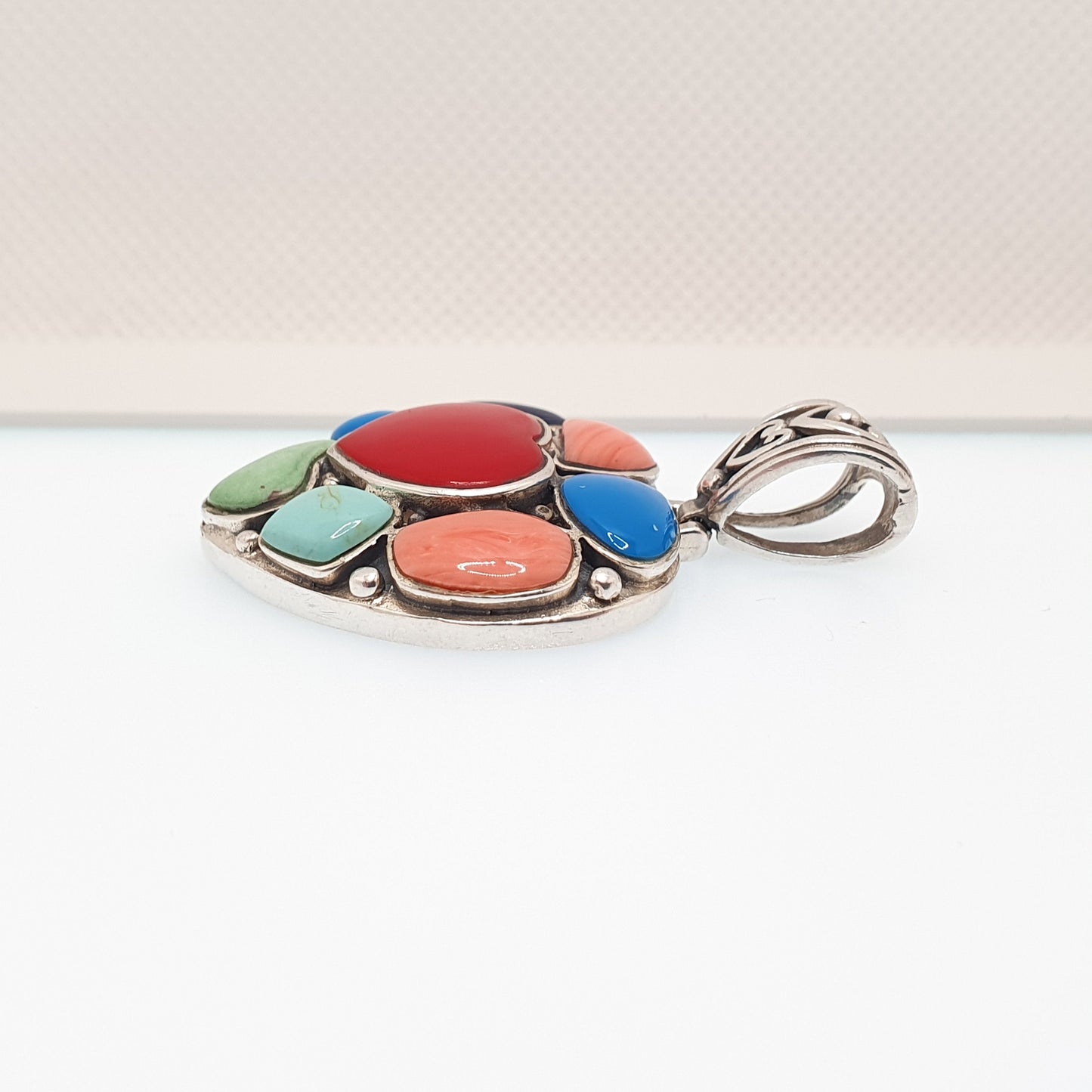 Vintage Sterling Silver Heart Necklace Pendant Multi Coloured Faux Gemstones Large Heavy Solid 925 Big Retro Womens Jewellery Jewelry