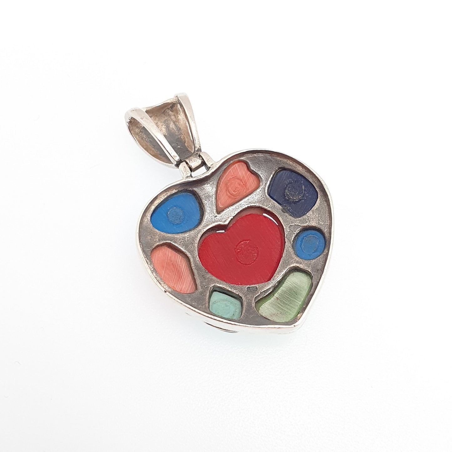 Vintage Sterling Silver Heart Necklace Pendant Multi Coloured Faux Gemstones Large Heavy Solid 925 Big Retro Womens Jewellery Jewelry