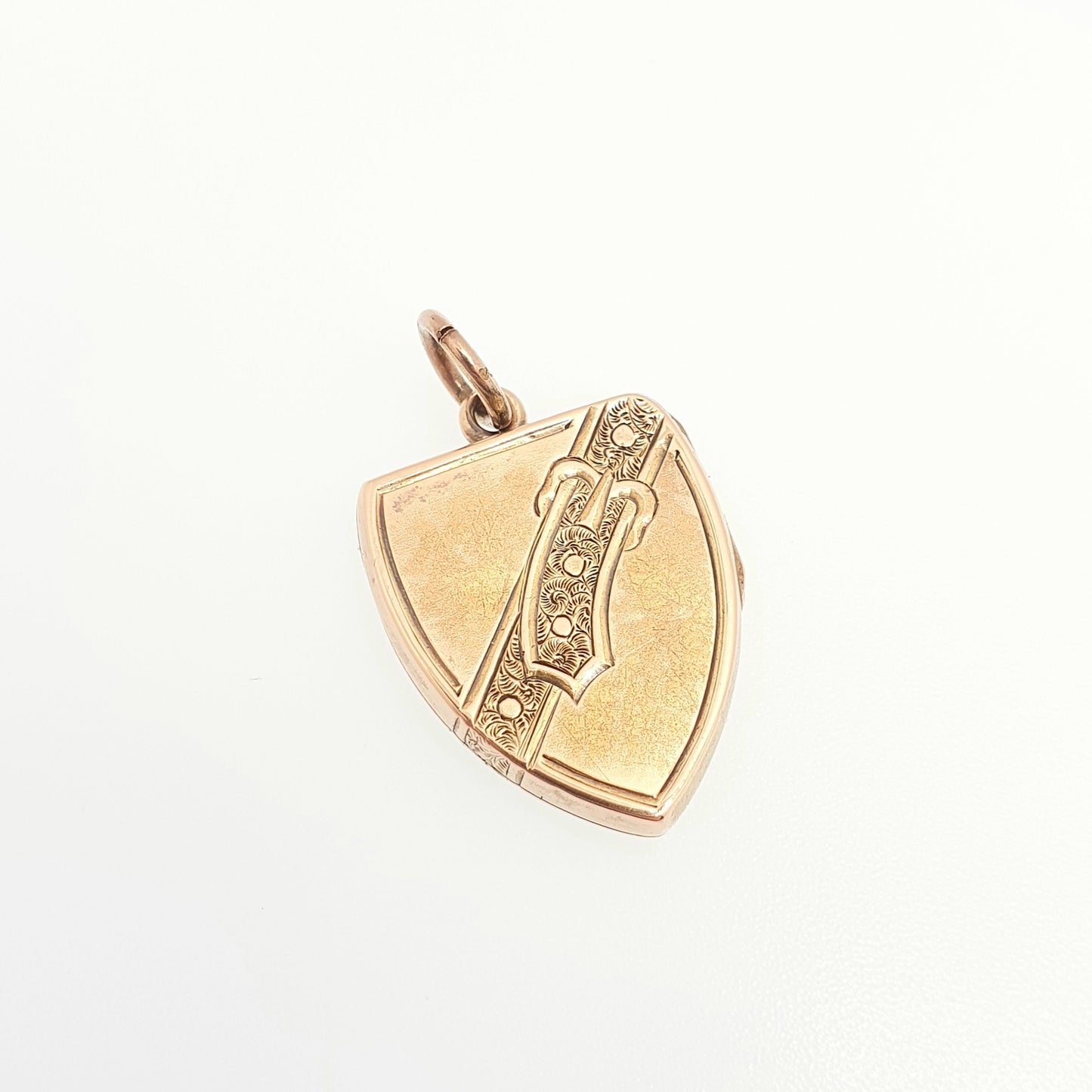 Antique Solid 9ct Rose Gold Shield Locket Pendant Victorian 1863 Hallmark Buckle Engraved Fine Estate 375 9k Vintage Jewelry Jewellery