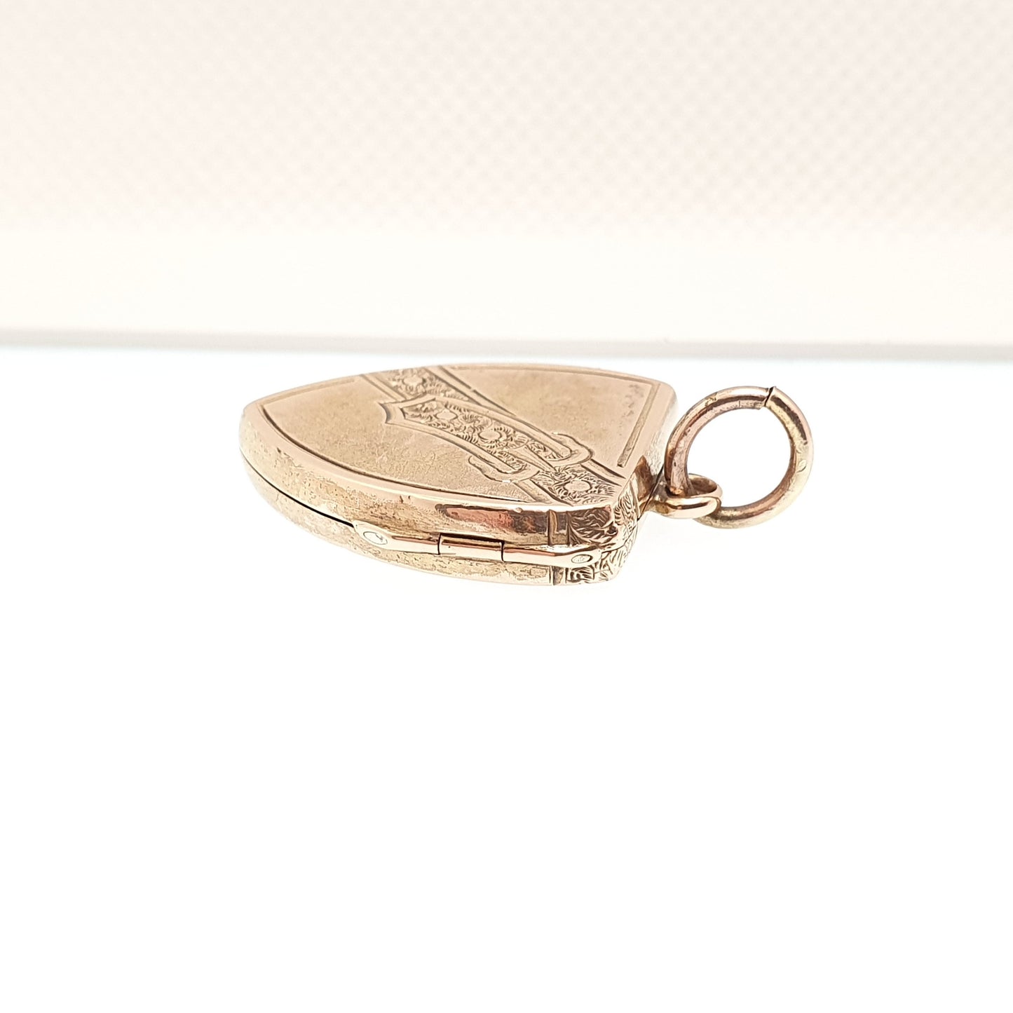Antique Solid 9ct Rose Gold Shield Locket Pendant Victorian 1863 Hallmark Buckle Engraved Fine Estate 375 9k Vintage Jewelry Jewellery