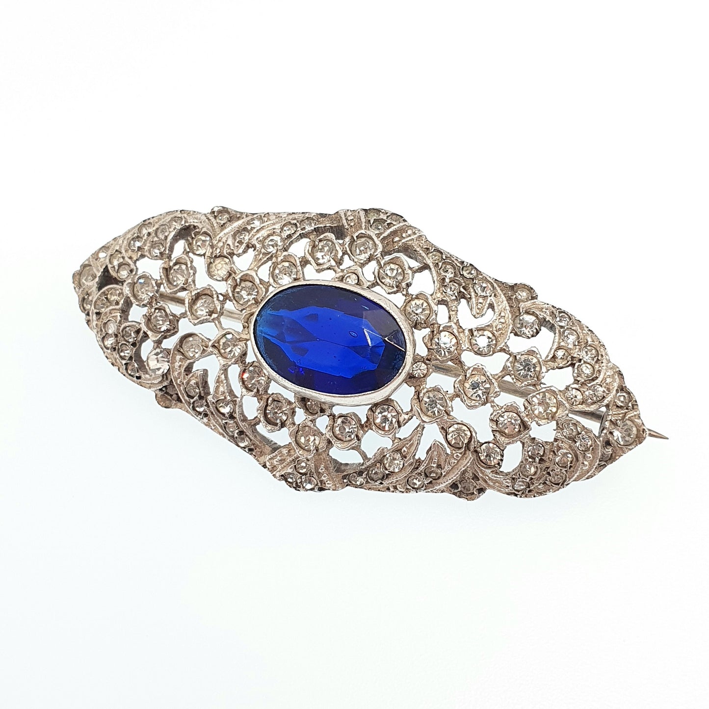 Antique Victorian Sterling Silver Sapphire Paste Brooch Diamond Pastes Art Noueavu Ornate Scroll Sparkly Vintage Womens Jewelry Jewellery