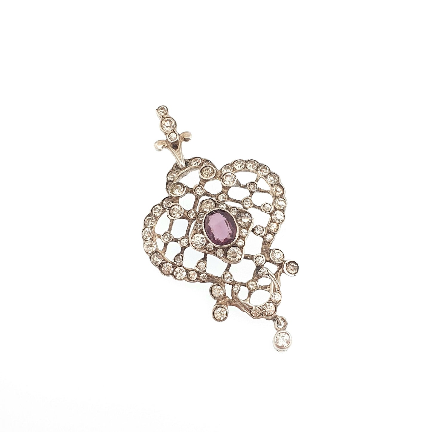 Antique Solid Silver Amethyst & Diamond Paste Pendant Necklace Foiled Pastes Cluster Edwardian Rare Vintage Womens Jewellery Jewelry
