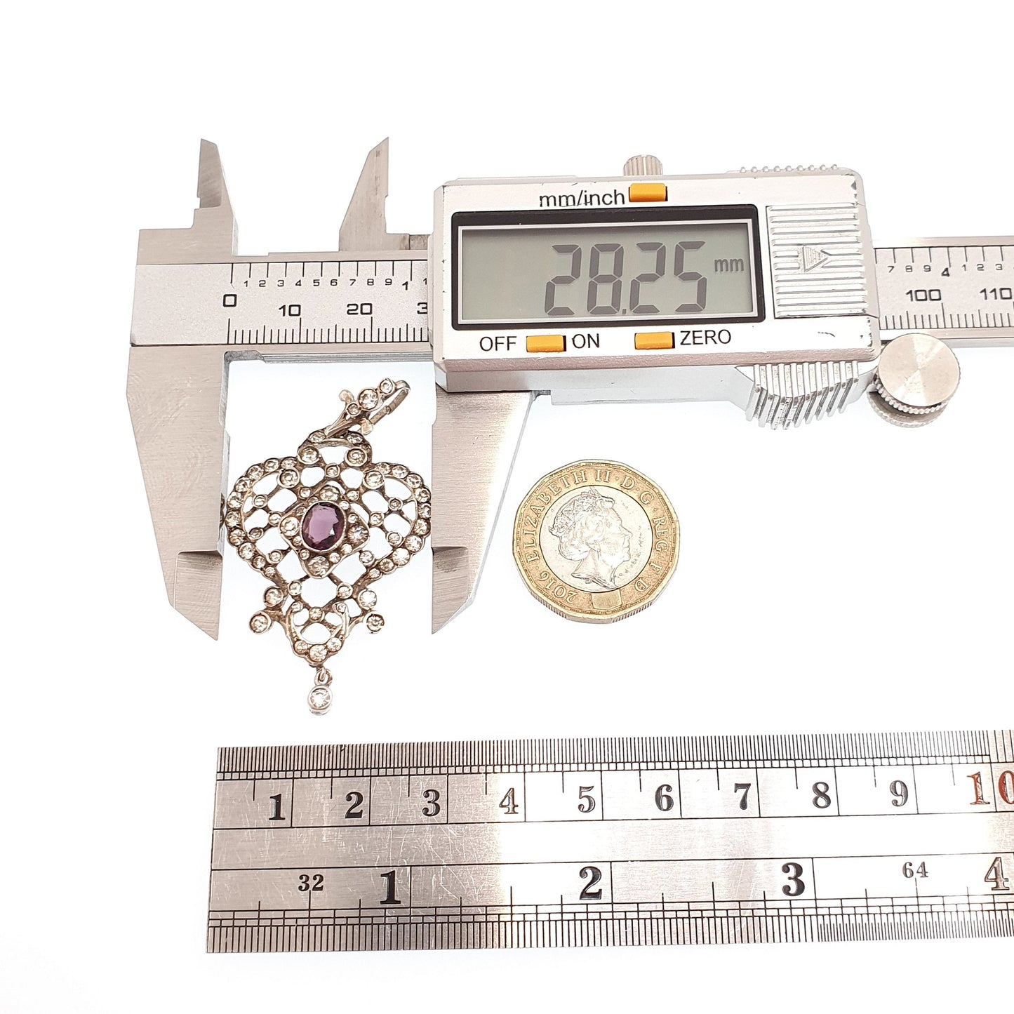 Antique Solid Silver Amethyst & Diamond Paste Pendant Necklace Foiled Pastes Cluster Edwardian Rare Vintage Womens Jewellery Jewelry
