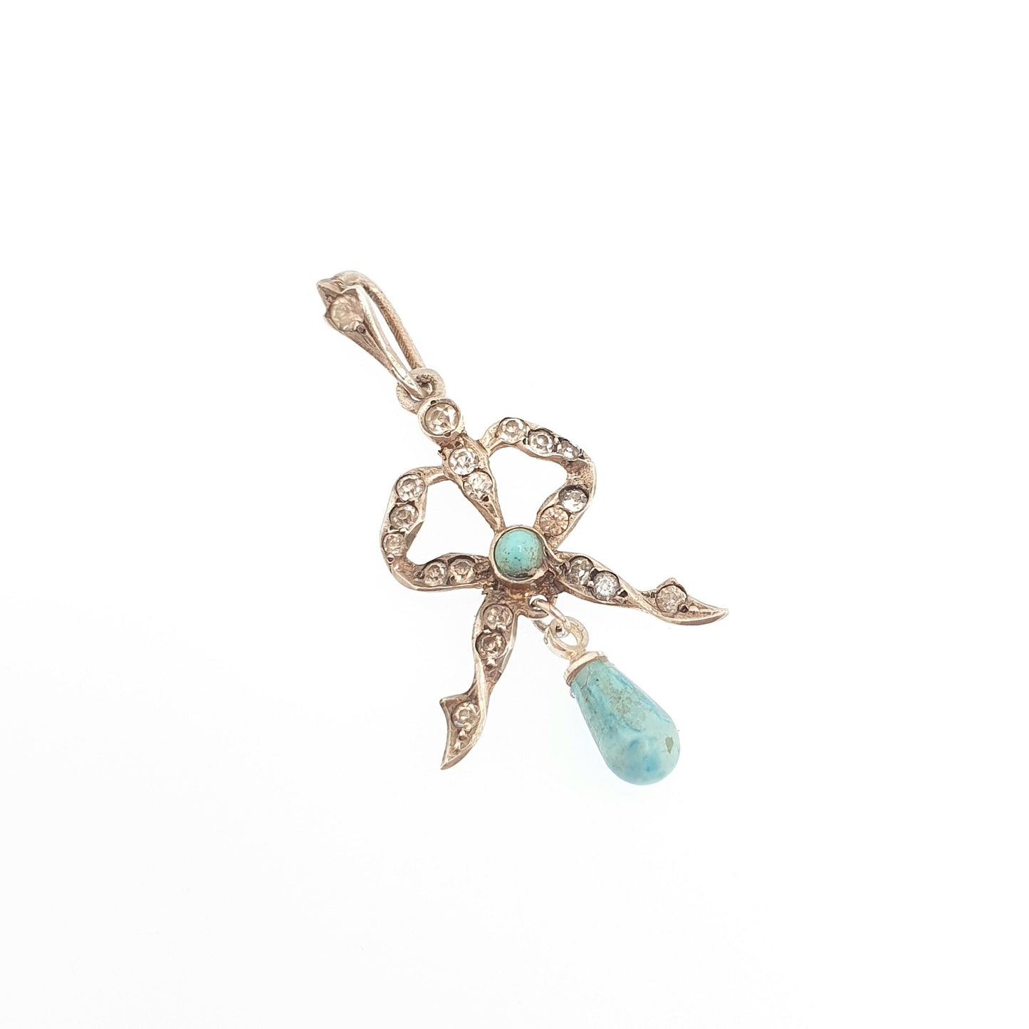 Antique Solid Silver Diamond Paste Bow Pendant Faux Turquoise Victorian Necklace 1800s Sweet Cute Quaint Womens Jewelry Jewellery Vintage