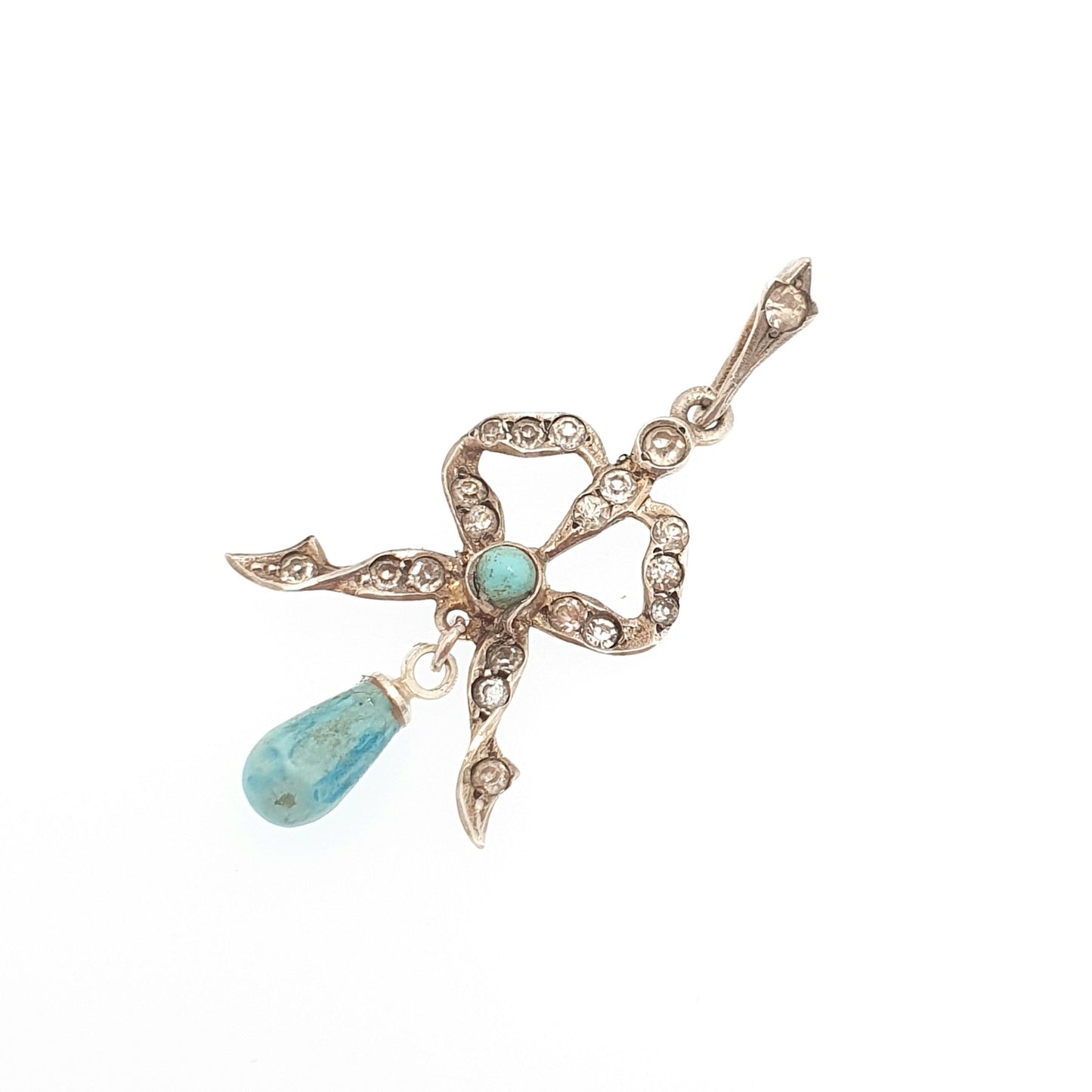 Antique Solid Silver Diamond Paste Bow Pendant Faux Turquoise Victorian Necklace 1800s Sweet Cute Quaint Womens Jewelry Jewellery Vintage