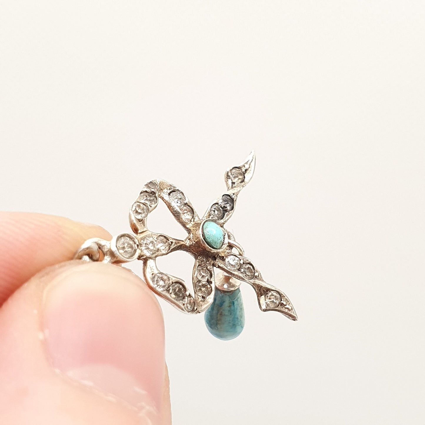 Antique Solid Silver Diamond Paste Bow Pendant Faux Turquoise Victorian Necklace 1800s Sweet Cute Quaint Womens Jewelry Jewellery Vintage