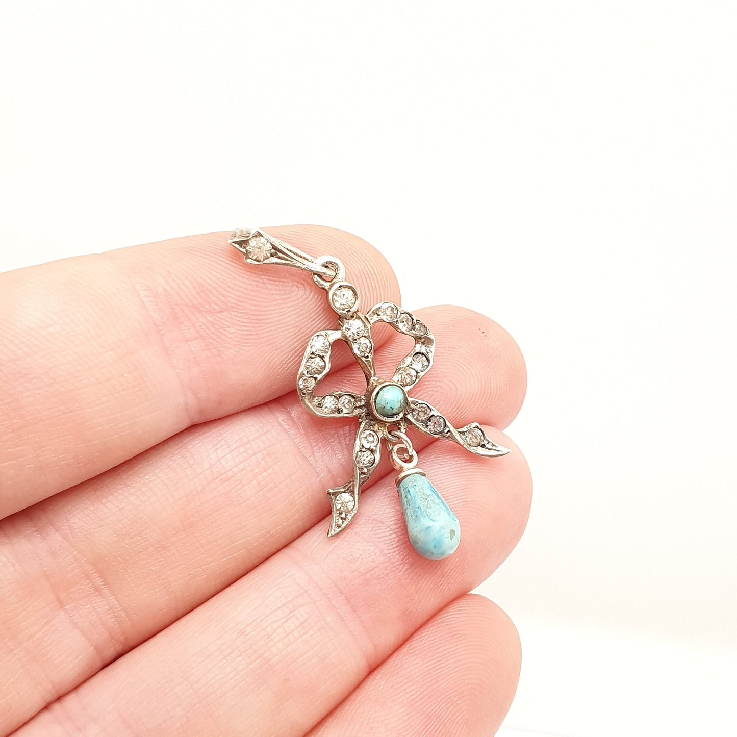 Antique Solid Silver Diamond Paste Bow Pendant Faux Turquoise Victorian Necklace 1800s Sweet Cute Quaint Womens Jewelry Jewellery Vintage