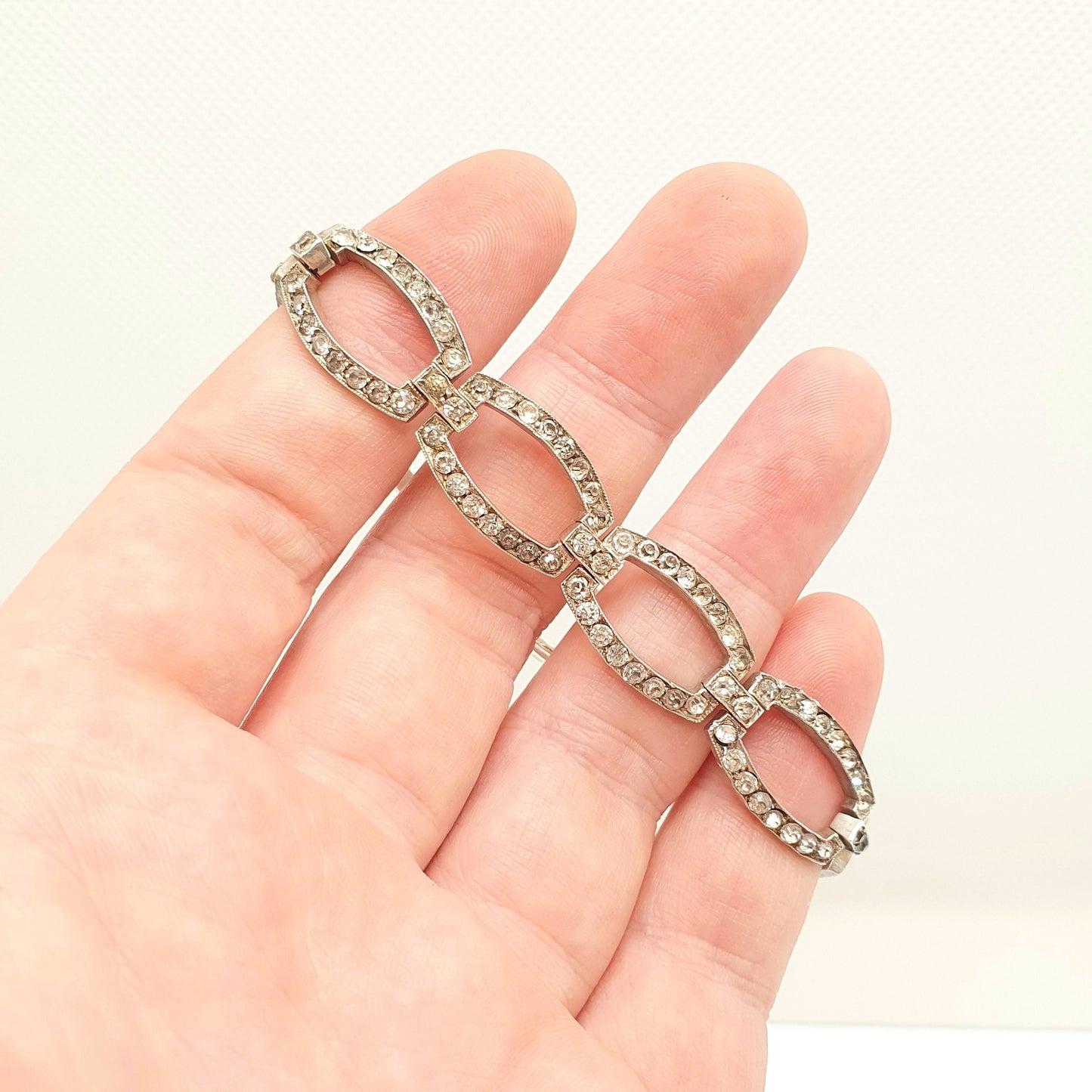 Antique Solid Silver Diamond Paste Bracelet Rectangular Links Genuine 1920s Vintage Art Deco Fancy Sparkly Cocktail Womens Jewelry Jewellery