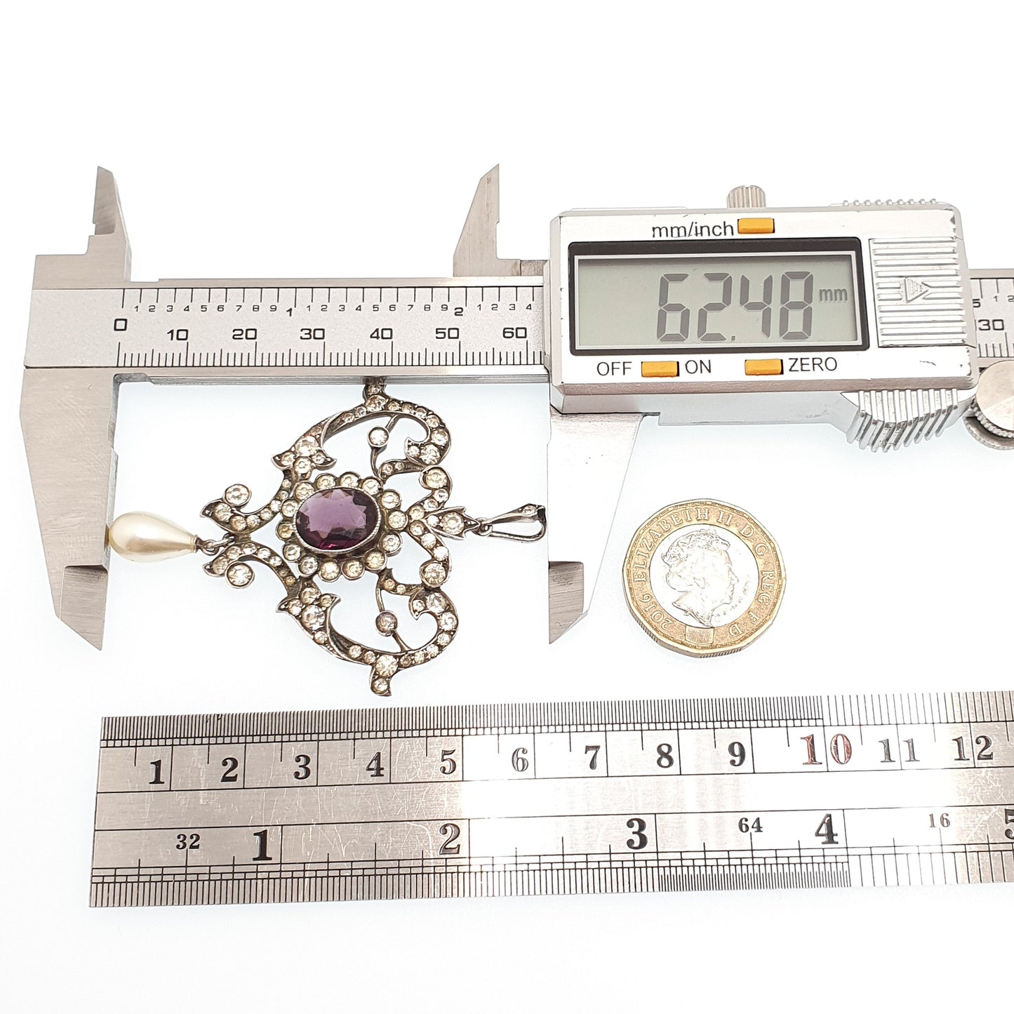 Antique Solid Silver Amethyst & Diamond Paste Pendant Necklace Foiled Pastes Art Nouveau Rare Vintage Large Big Womens Jewellery Jewelry