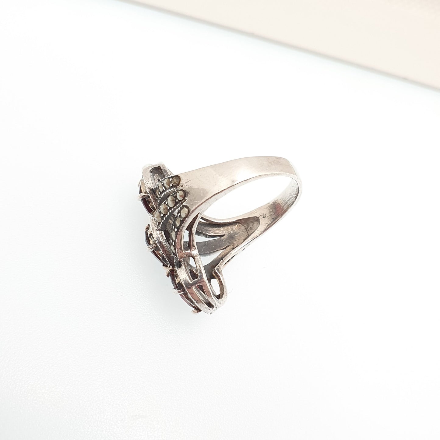 Vintage Sterling Silver Garnet Ring Marcasite Trilogy Twist Oval Cut Heavy Big Large Sparkly Solid 925 Red Womens Retro Jewelry Jewellery