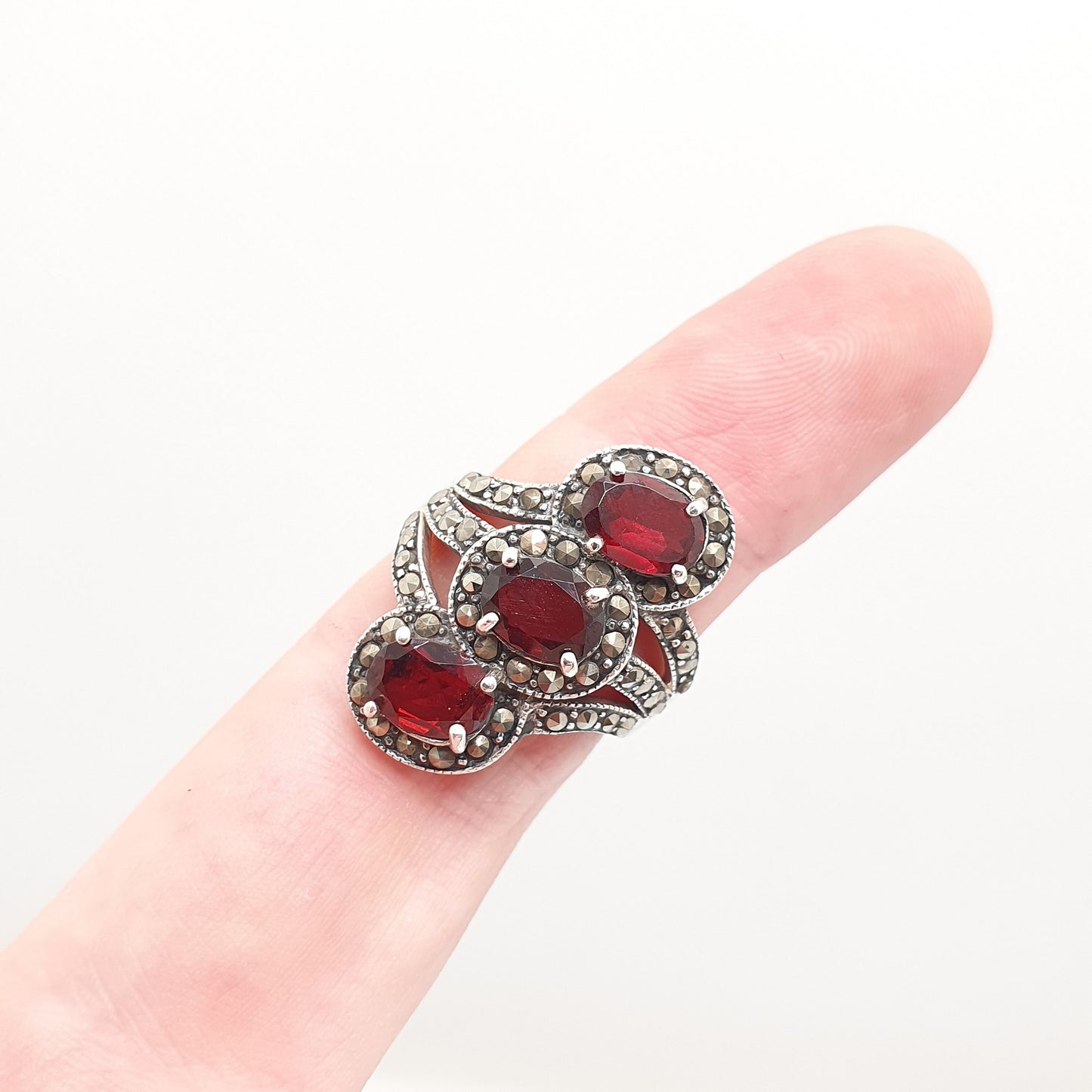 Vintage Sterling Silver Garnet Ring Marcasite Trilogy Twist Oval Cut Heavy Big Large Sparkly Solid 925 Red Womens Retro Jewelry Jewellery