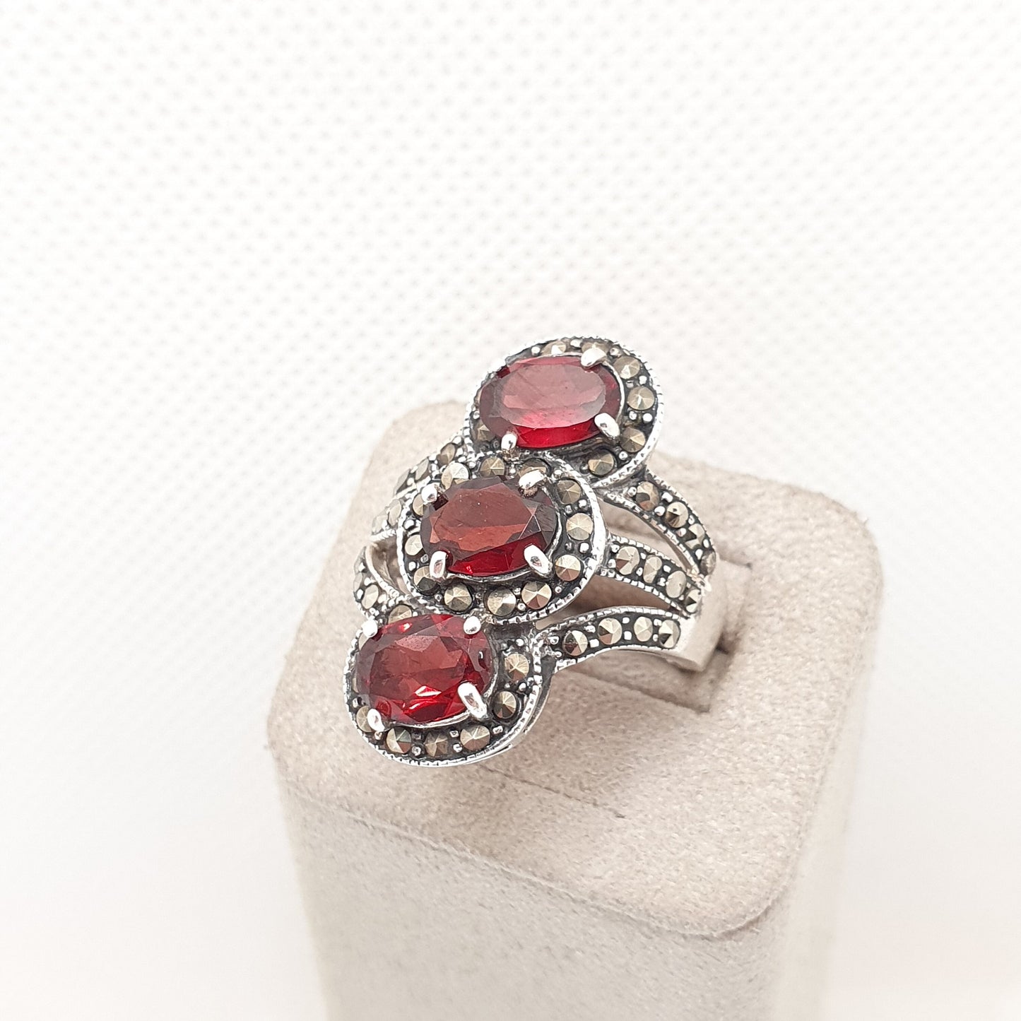 Vintage Sterling Silver Garnet Ring Marcasite Trilogy Twist Oval Cut Heavy Big Large Sparkly Solid 925 Red Womens Retro Jewelry Jewellery