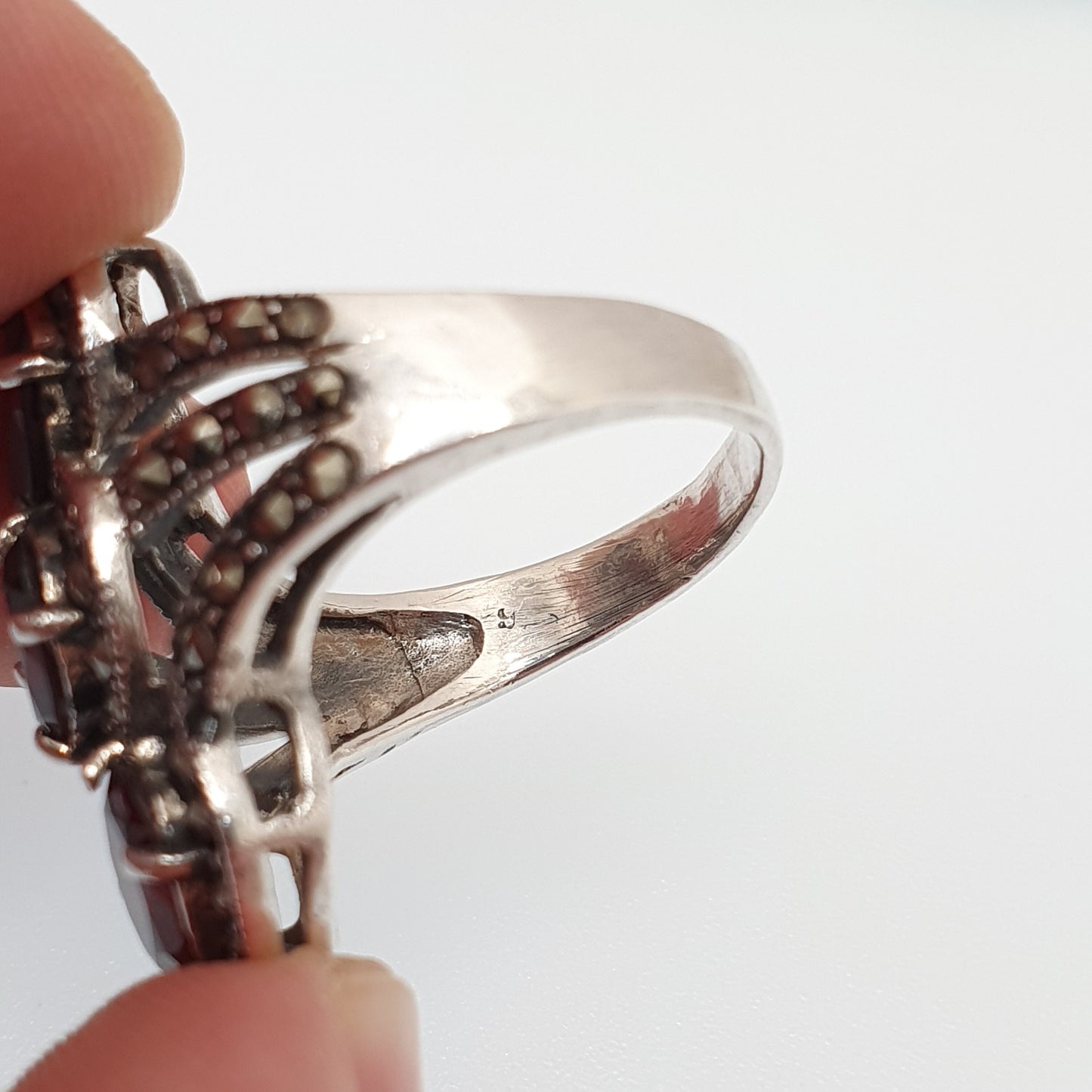Vintage Sterling Silver Garnet Ring Marcasite Trilogy Twist Oval Cut Heavy Big Large Sparkly Solid 925 Red Womens Retro Jewelry Jewellery