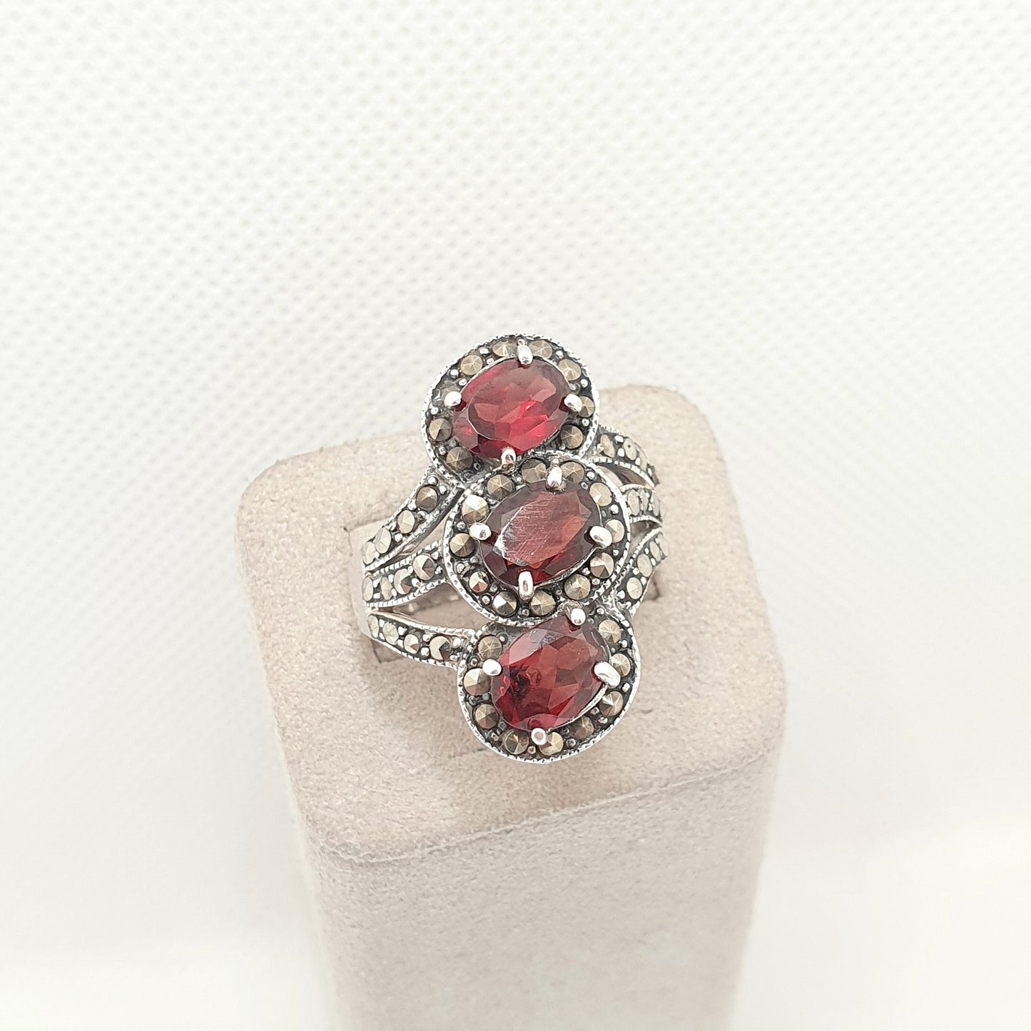 Vintage Sterling Silver Garnet Ring Marcasite Trilogy Twist Oval Cut Heavy Big Large Sparkly Solid 925 Red Womens Retro Jewelry Jewellery