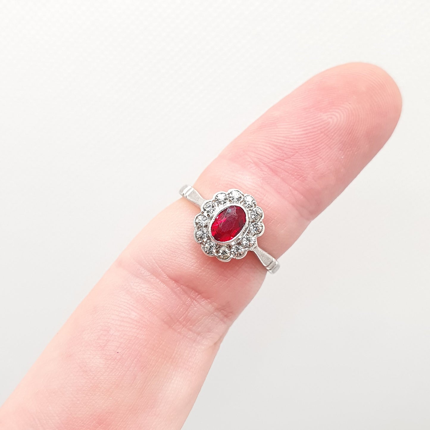 RESERVED/SOLD DON Antique 9ct Gold Ruby Paste Ring Art Deco Diamond Pastes Cluster Halo Sterling Silver & 9k 375 1920s Vintage Cocktail
