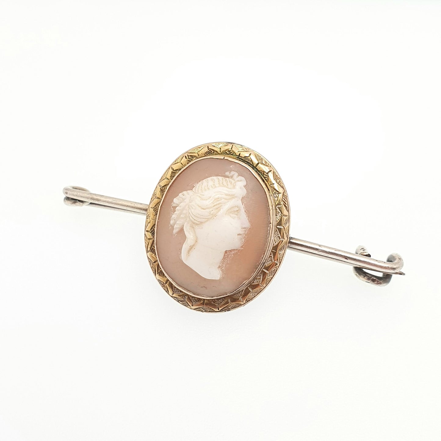 Antique Victorian 9k 9ct Gold Cameo Brooch Pin Solid Silver Bar Pin 375 Hand Carved Shell Vintage Italian European Jewelry Womens Jewellery