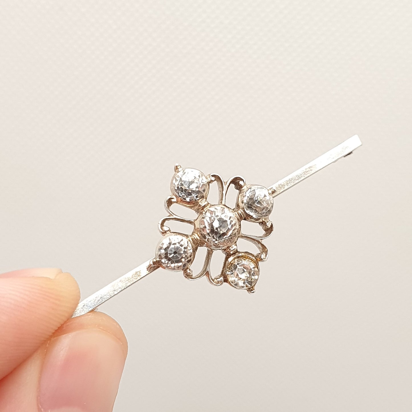 Antique Solid Silver Diamond Paste Brooch Art Deco Cross Cruciform Sparkly Bar Pin 1920s Foiled Fine Estate Vintage Womens Jewellery Jewelry