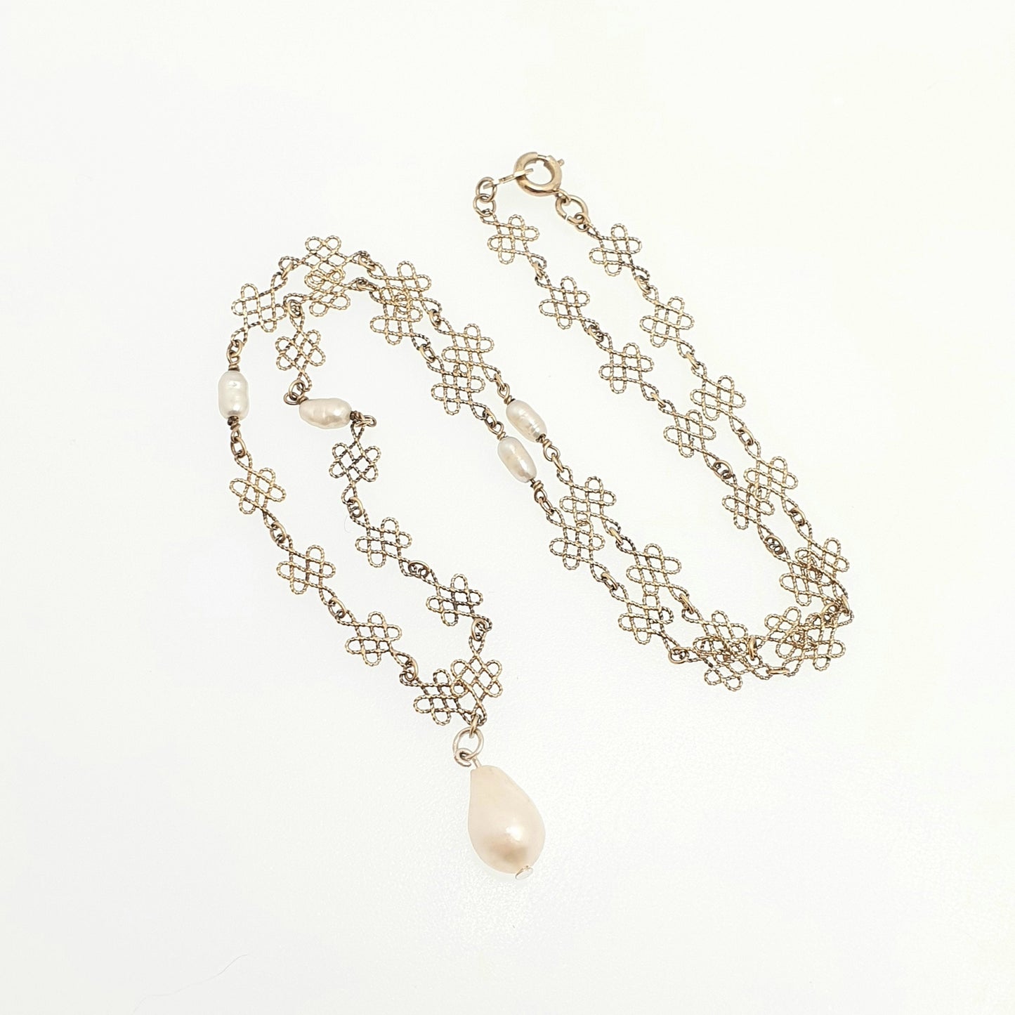 Antique Sterling Silver Freshwater Pearl Necklace Gold Vermeil Arts and Crafts Filigree Knot Scandinavian Y Pendant Womens Jewelry Jewellery