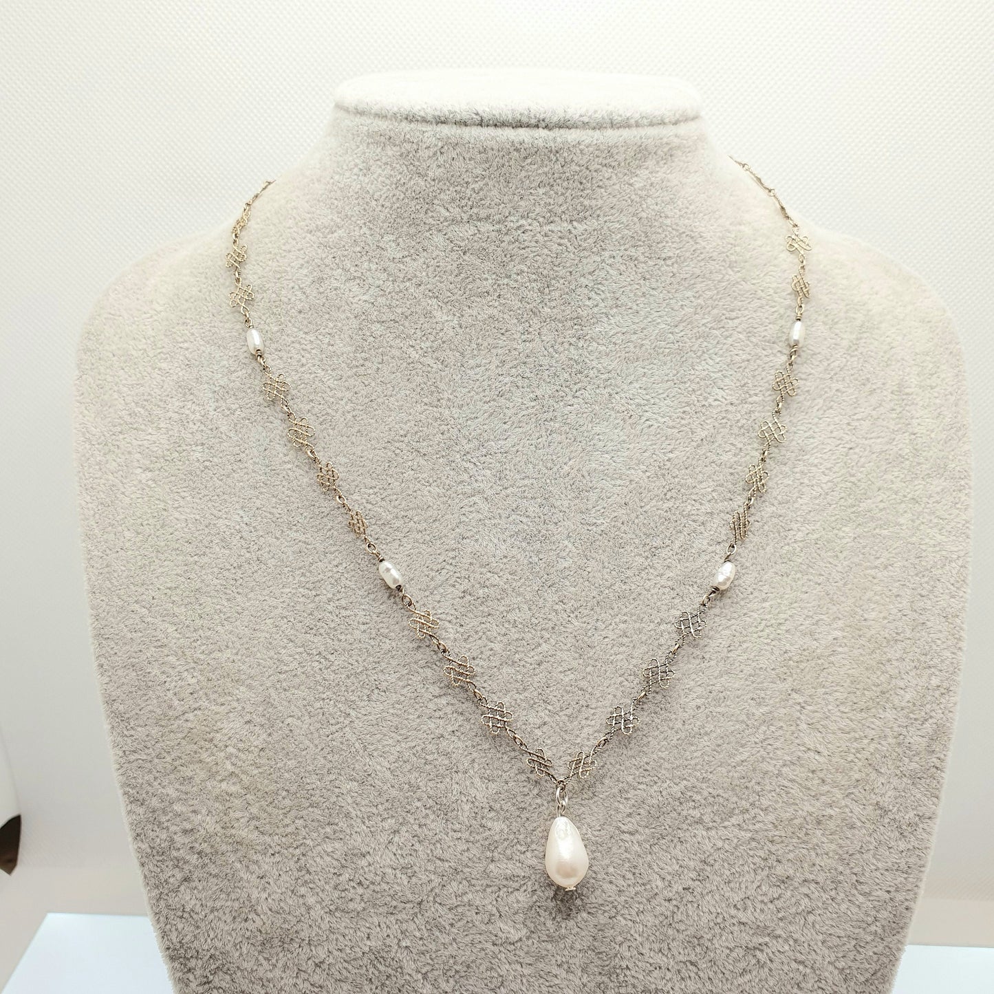 Antique Sterling Silver Freshwater Pearl Necklace Gold Vermeil Arts and Crafts Filigree Knot Scandinavian Y Pendant Womens Jewelry Jewellery