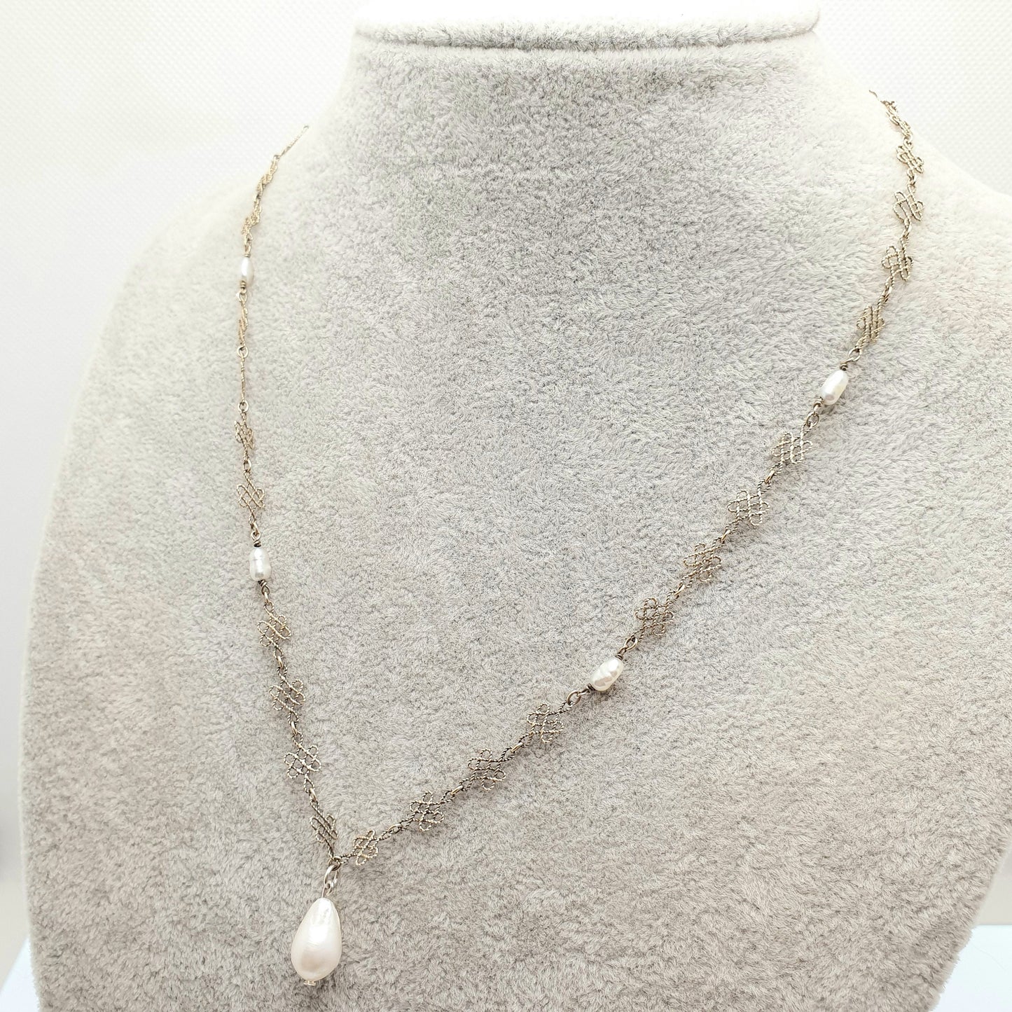 Antique Sterling Silver Freshwater Pearl Necklace Gold Vermeil Arts and Crafts Filigree Knot Scandinavian Y Pendant Womens Jewelry Jewellery