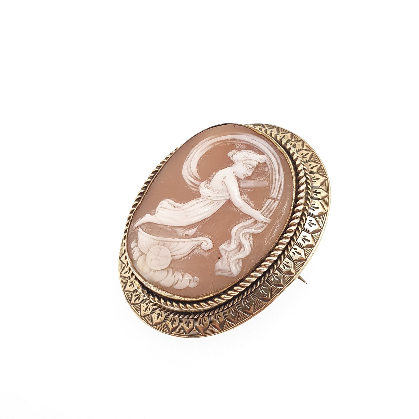Antique Solid Silver Cameo Brooch Goddess Chariot Grace Victorian Gold Vermeil Gilt Frame Large Big Shell Unique Vintage Jewelry Jewellery