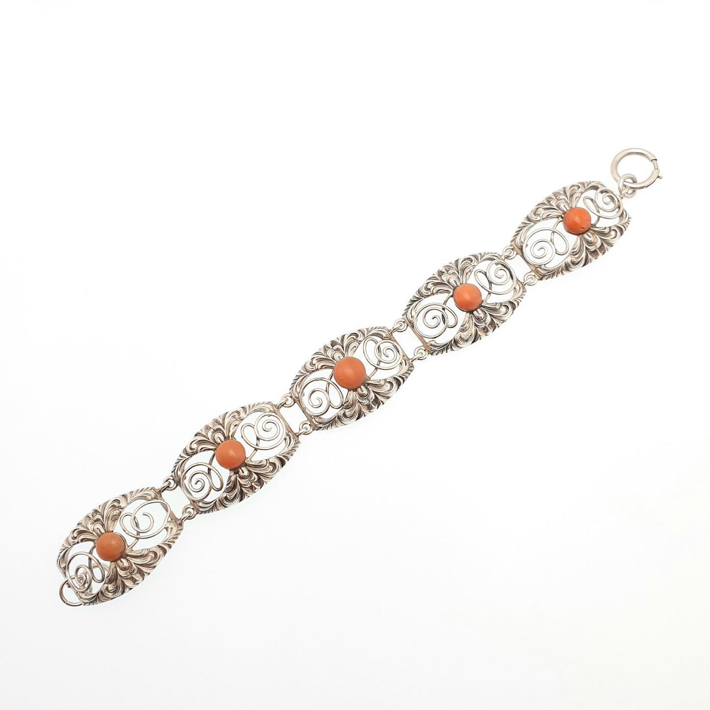 Antique Solid Silver Coral Bracelet Arts & Crafts Victorian 1800s Vintage Genuine Real Red Orange Fine Estate Womens Jewelry Jewellery