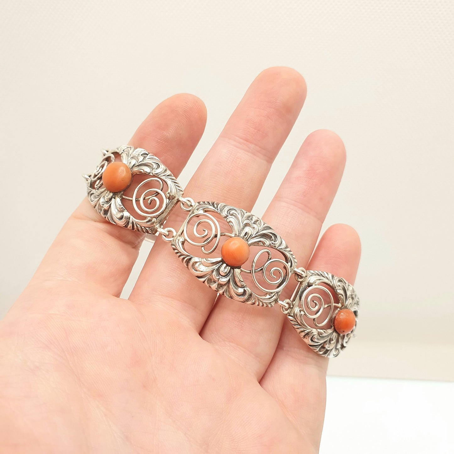 Antique Solid Silver Coral Bracelet Arts & Crafts Victorian 1800s Vintage Genuine Real Red Orange Fine Estate Womens Jewelry Jewellery