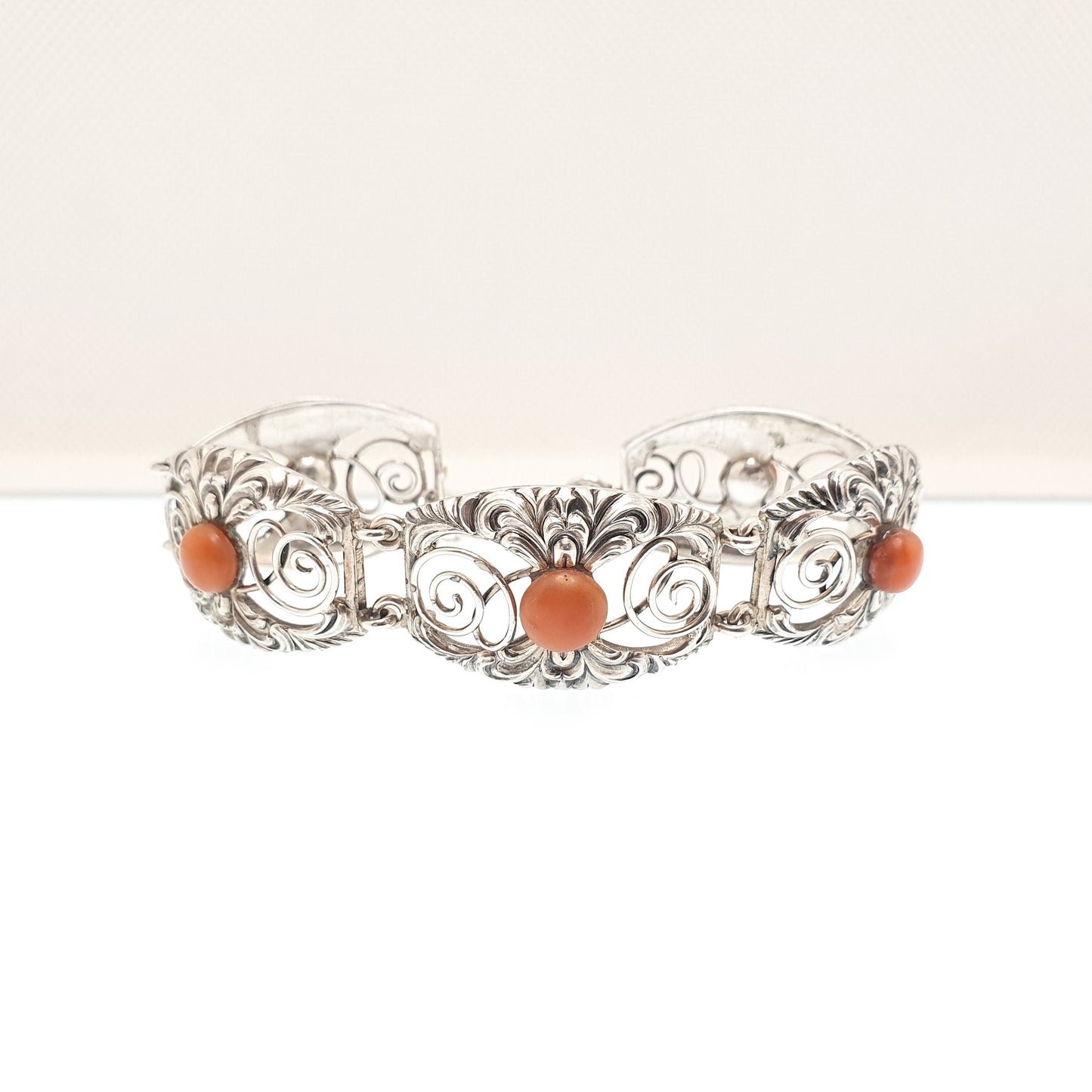 Antique Solid Silver Coral Bracelet Arts & Crafts Victorian 1800s Vintage Genuine Real Red Orange Fine Estate Womens Jewelry Jewellery