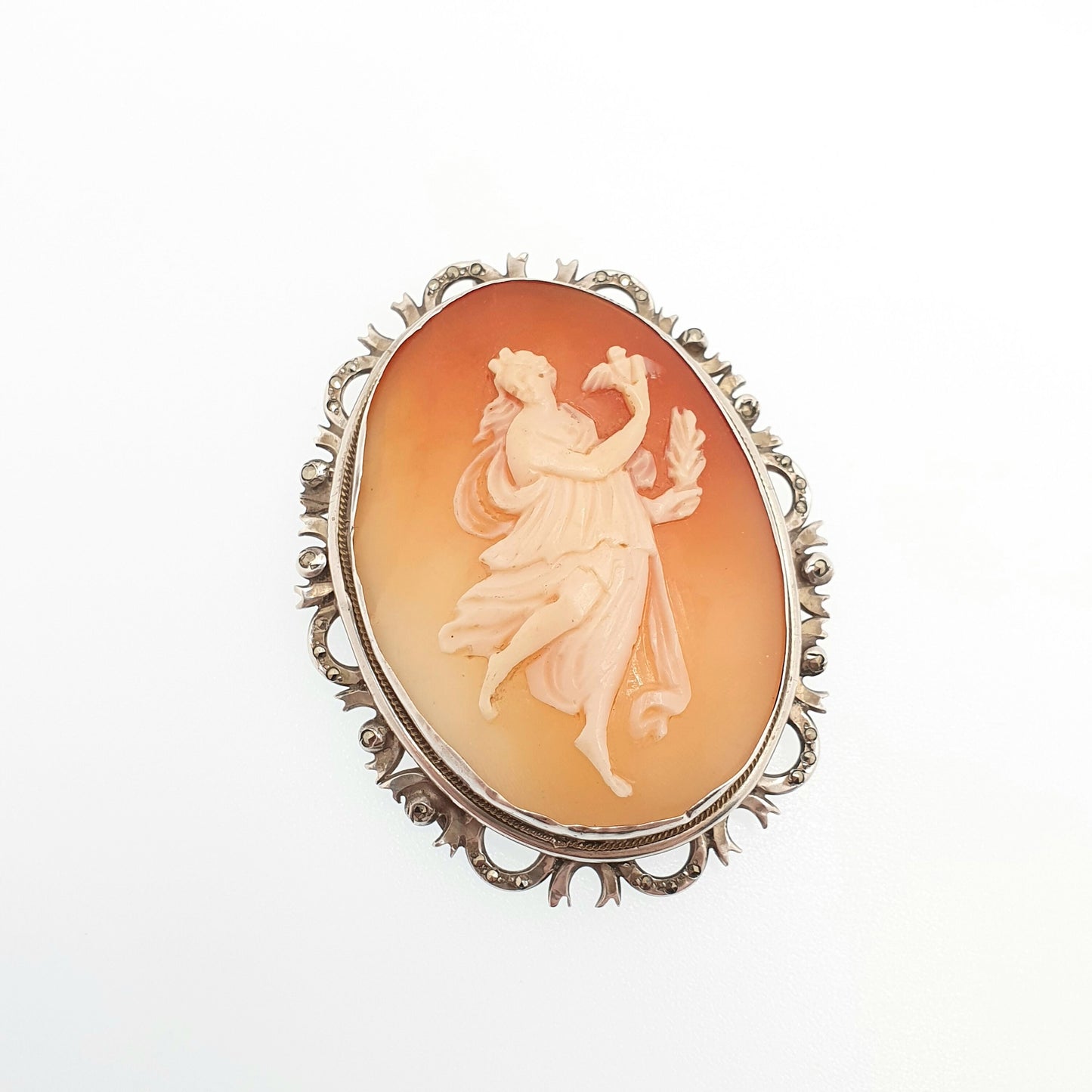 Antique Solid Silver Cameo Brooch Pendant Grace Goddess Holding Bird Necklace Aphrodite Large Big Art Deco Shell Vintage Jewelry Jewellery