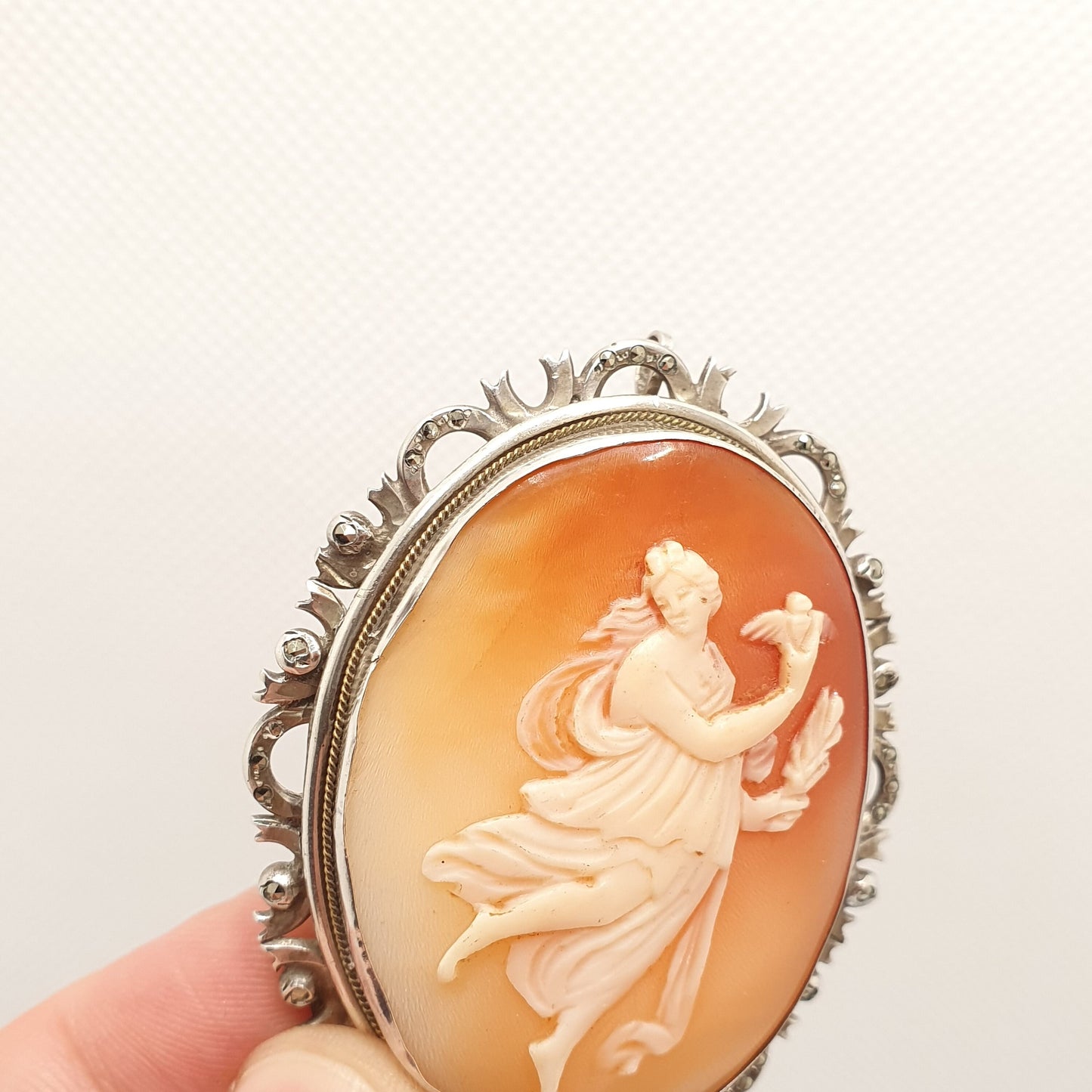 Antique Solid Silver Cameo Brooch Pendant Grace Goddess Holding Bird Necklace Aphrodite Large Big Art Deco Shell Vintage Jewelry Jewellery