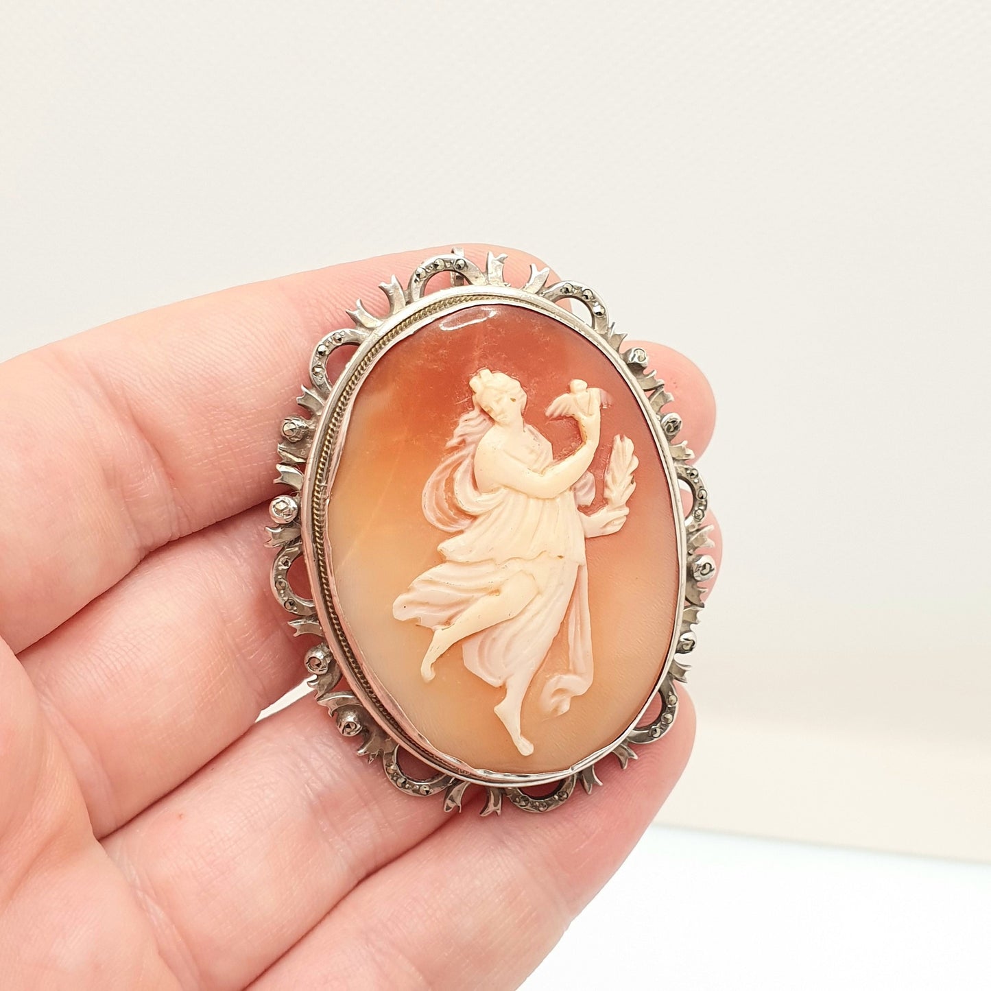 Antique Solid Silver Cameo Brooch Pendant Grace Goddess Holding Bird Necklace Aphrodite Large Big Art Deco Shell Vintage Jewelry Jewellery