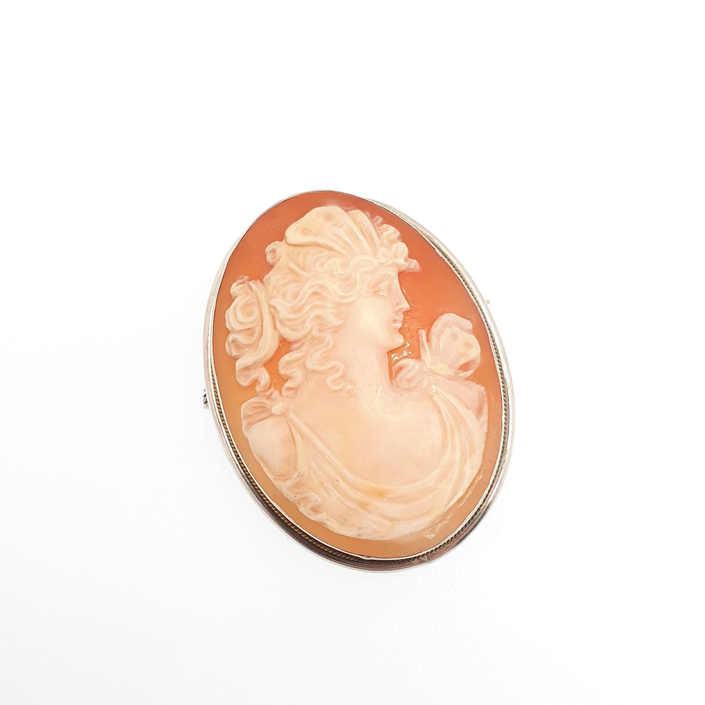 Antique Solid Silver Large Cameo Pendant Brooch Pin Genuine Shell Necklace Big Chunky Oval Handmade Italian Womens Jewelry Jewellery