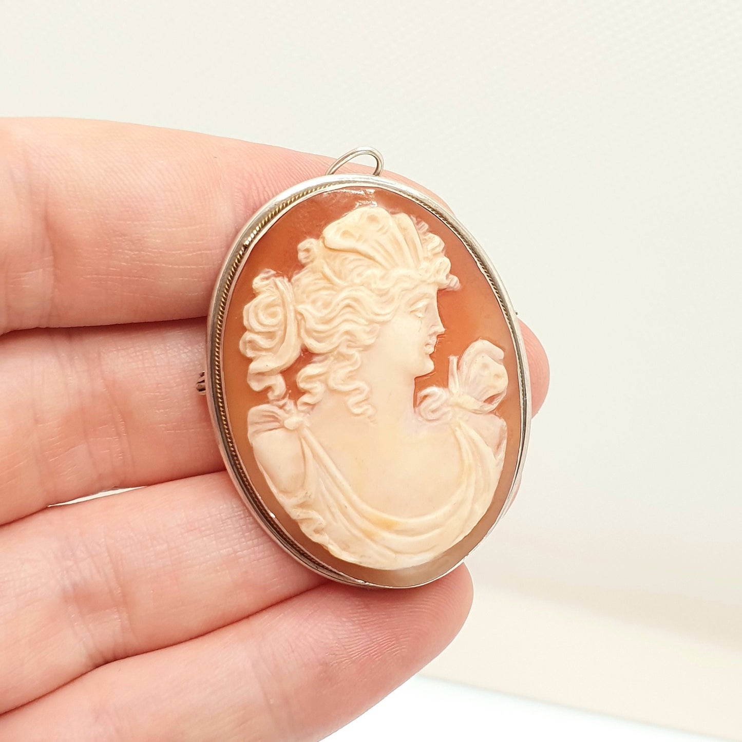 Antique Solid Silver Large Cameo Pendant Brooch Pin Genuine Shell Necklace Big Chunky Oval Handmade Italian Womens Jewelry Jewellery