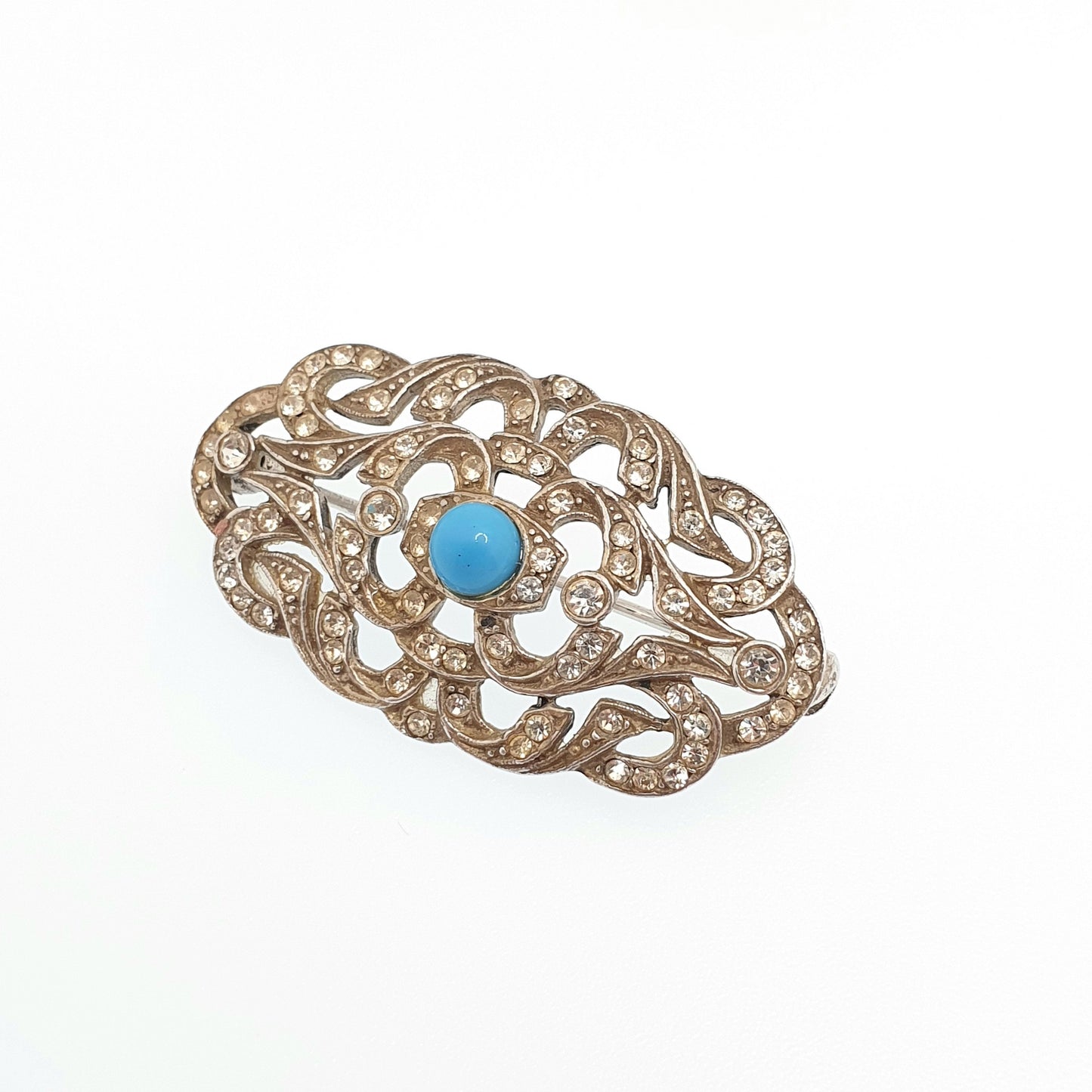 Antique Solid Silver Diamond Paste Brooch Turquoise Glass Centre Art Deco Pin Forget Me Not Turquoise Vintage Fine Sparkly Womens Jewelry
