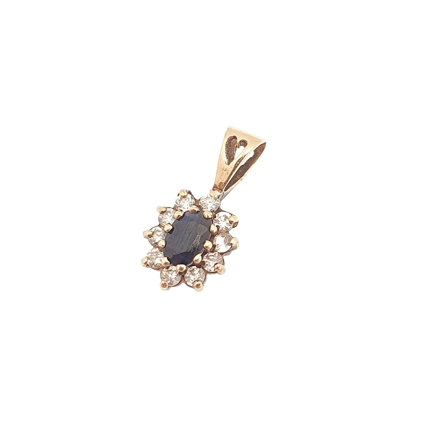 Vintage 9ct Gold Sapphire Pendant CZ Cluster Solid 375 9k Real Gemstone Marquise Necklace Halo Fine Retro Ladies Womens Jewelry Jewellery
