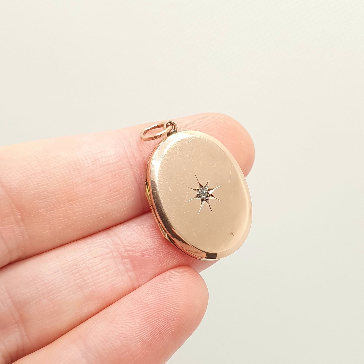 Antique 9ct 9k Rose Gold Diamond Locket Pendant Star Engraved Oval Solid 375 Fine Estate Back & Front Necklace Jewelry Womens Jewellery