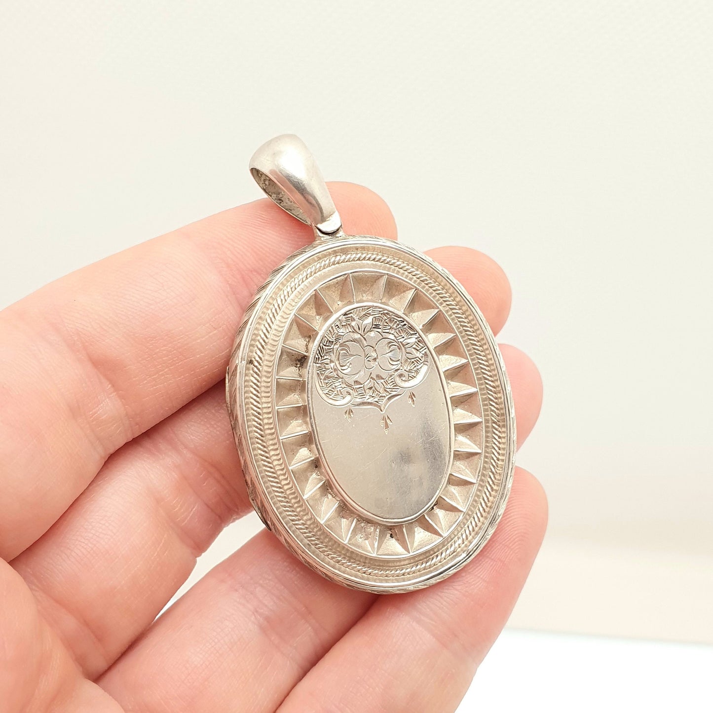 Antique Locket Solid Silver Victorian Large Big Vintage Geometric Stepped Hand Engraved Necklace Pendant Picture Photo Jewellery Jewelry