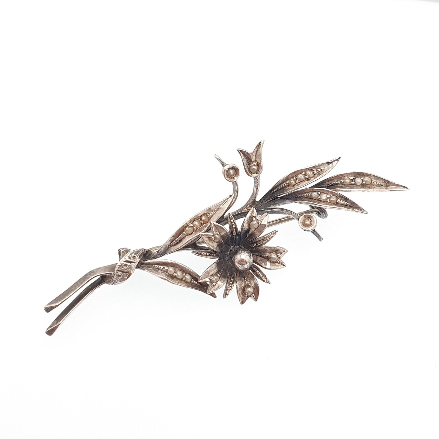 Antique Solid Silver Seed Pearl Brooch Victorian Flower Floral Spray Rectangular Genuine Real Pearls 1800s Vintage Womens Jewelry Jewellery