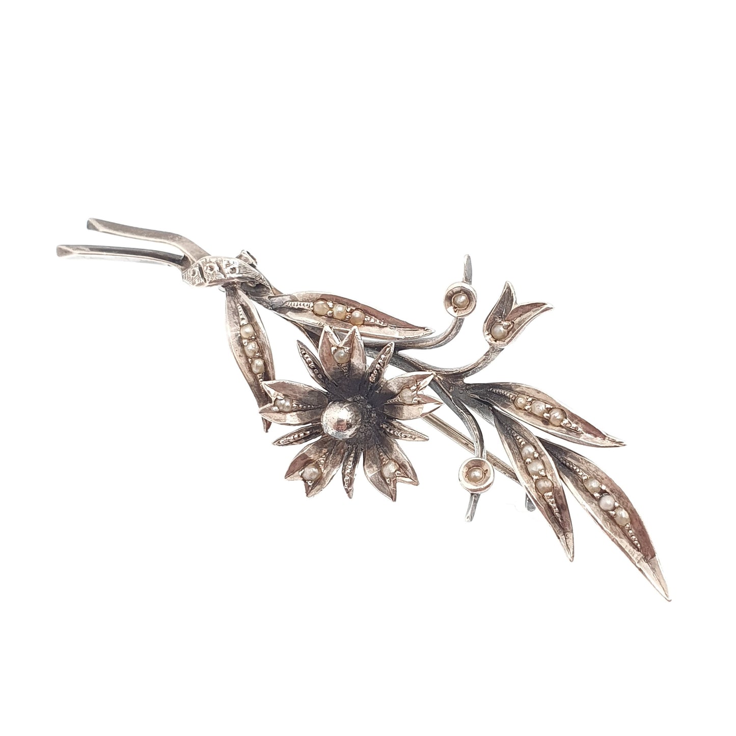 Antique Solid Silver Seed Pearl Brooch Victorian Flower Floral Spray Rectangular Genuine Real Pearls 1800s Vintage Womens Jewelry Jewellery