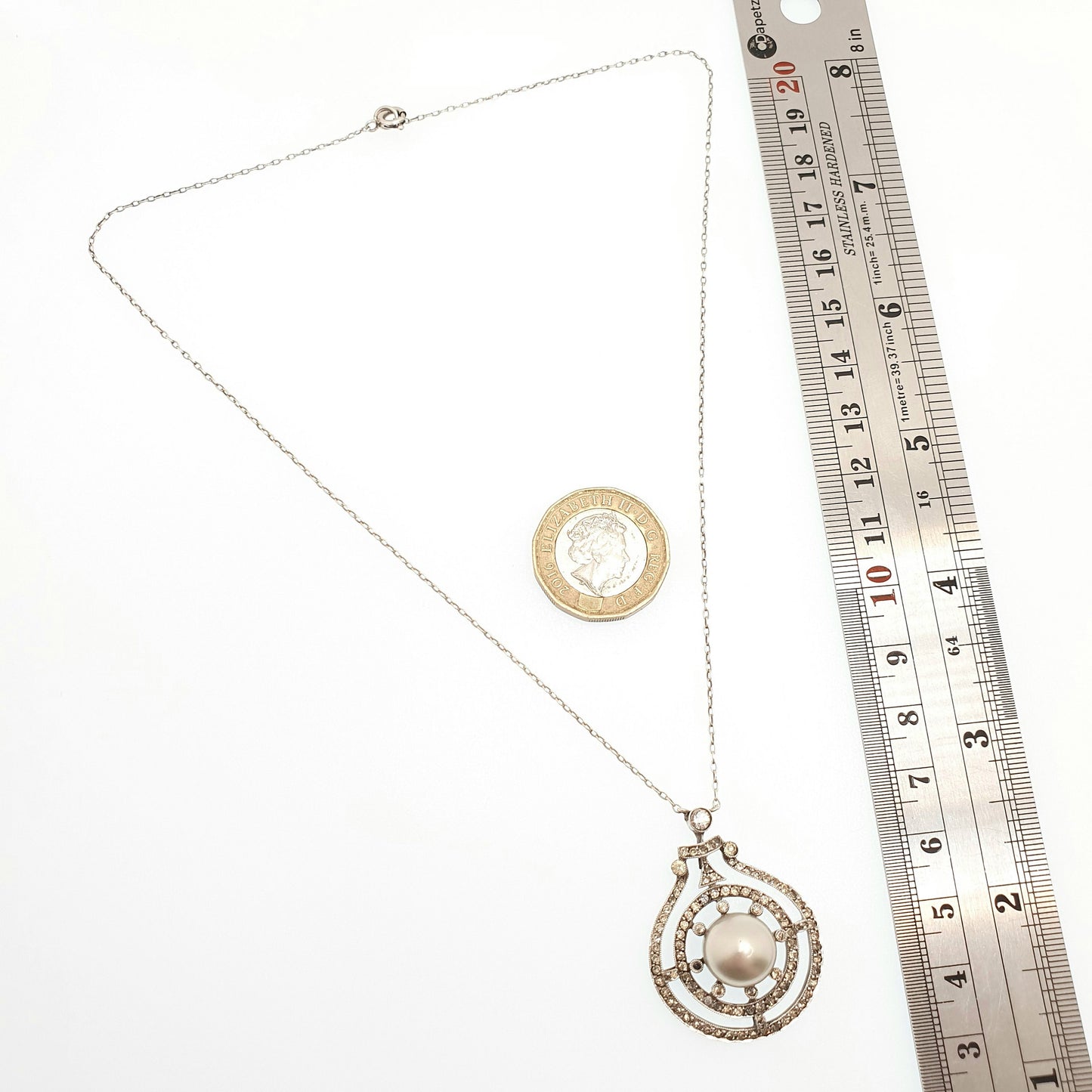 Antique Sterling Silver Pearl & Diamond Paste Pendant Necklace Genuine Cultured Pearl Target Art Deco 1920s Vintage Womens Jewelry Jewellery
