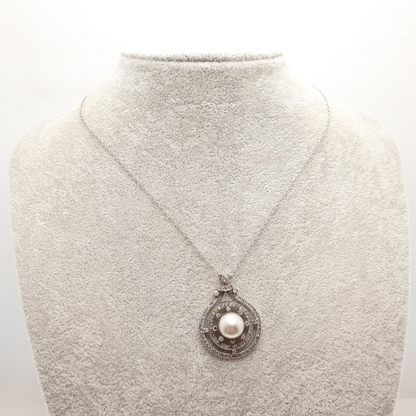 Antique Sterling Silver Pearl & Diamond Paste Pendant Necklace Genuine Cultured Pearl Target Art Deco 1920s Vintage Womens Jewelry Jewellery