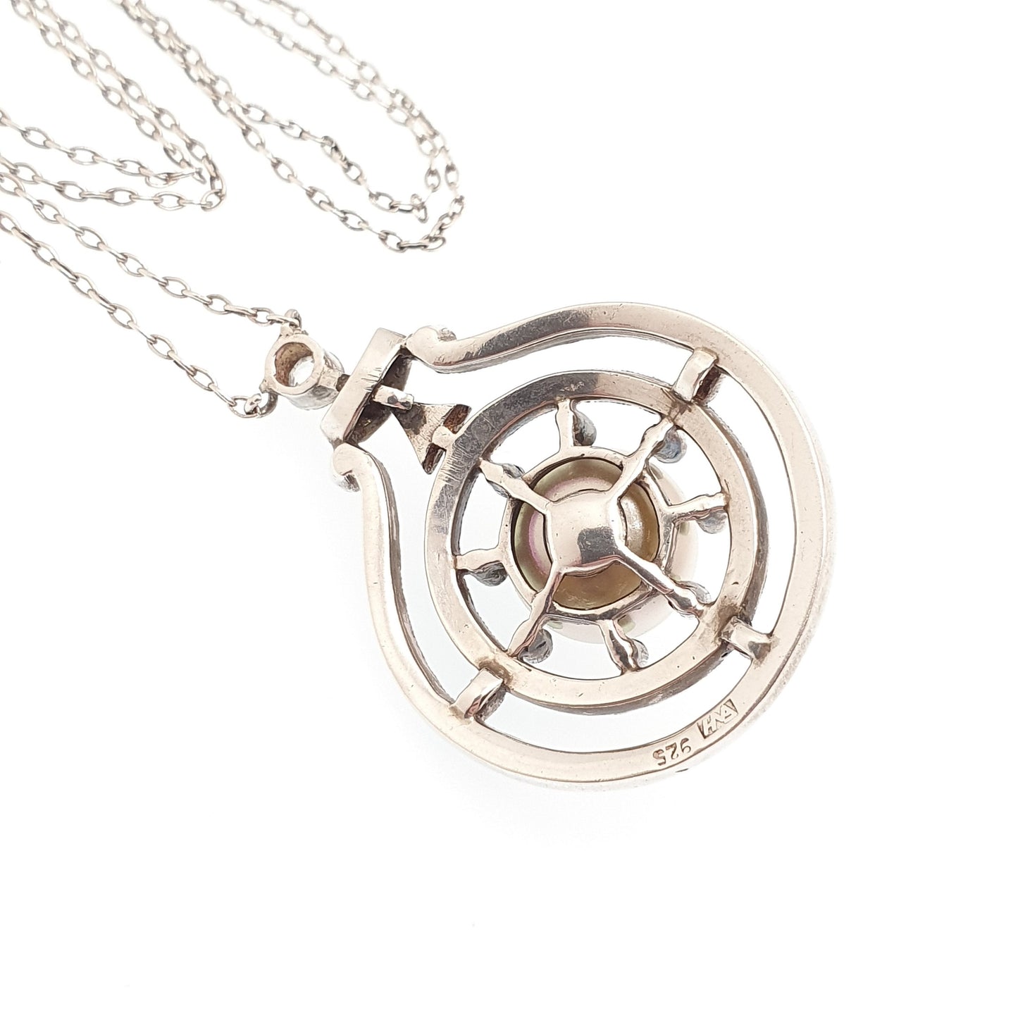 Antique Sterling Silver Pearl & Diamond Paste Pendant Necklace Genuine Cultured Pearl Target Art Deco 1920s Vintage Womens Jewelry Jewellery