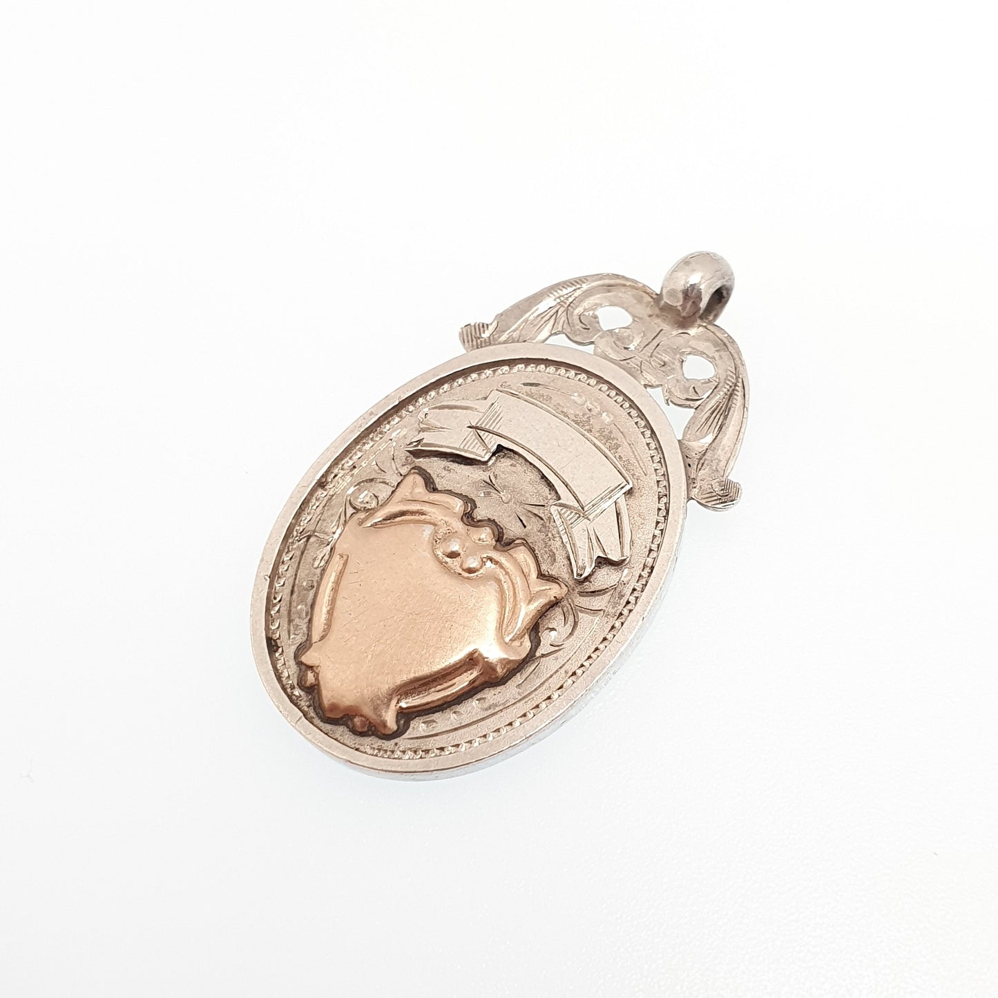 Antique Sterling Silver Albert Shield Fob Pendant Rose Gold Centre Hallmarked Big Heavy Large Pocket Watch Necklace Womens Jewelry Jewellery