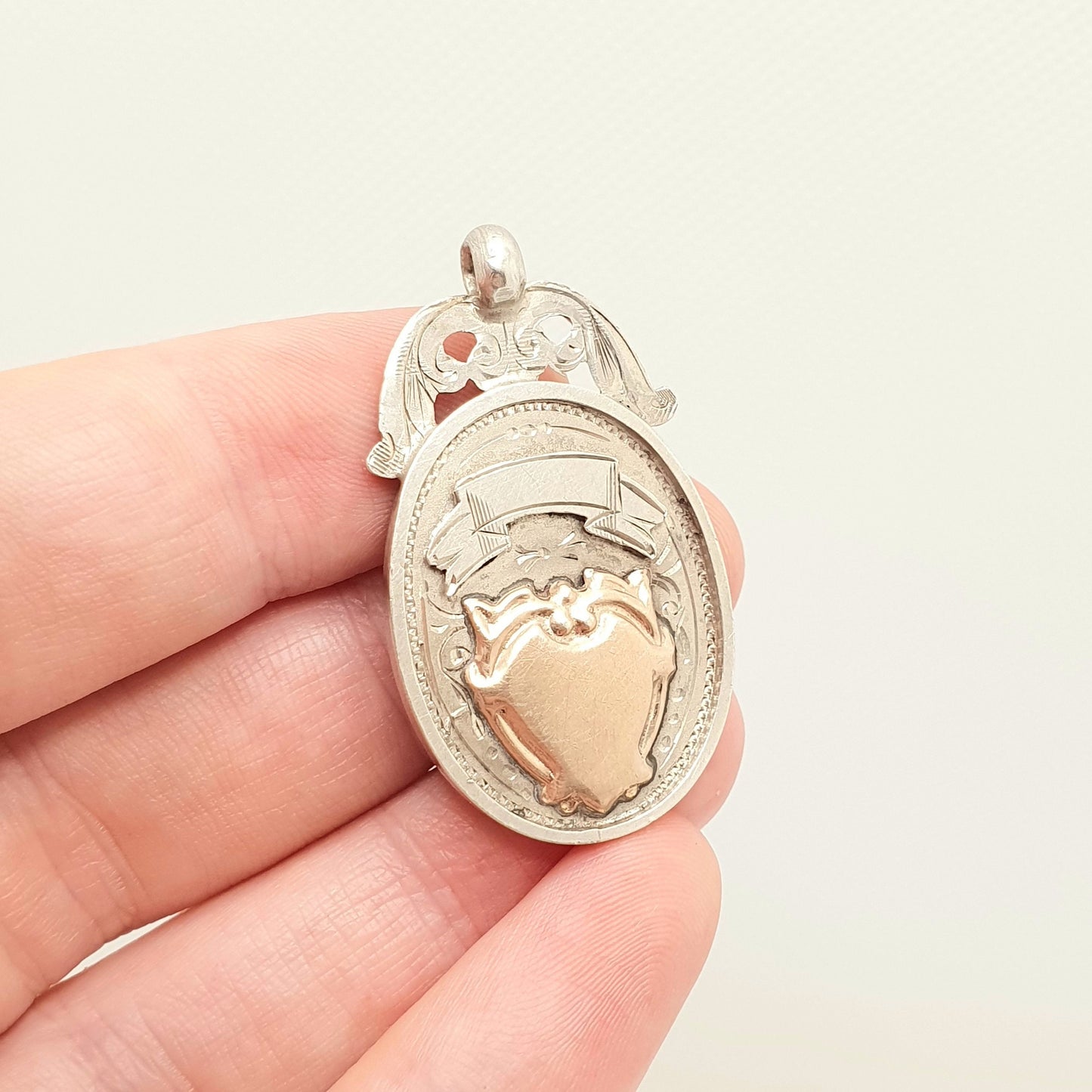 Antique Sterling Silver Albert Shield Fob Pendant Rose Gold Centre Hallmarked Big Heavy Large Pocket Watch Necklace Womens Jewelry Jewellery