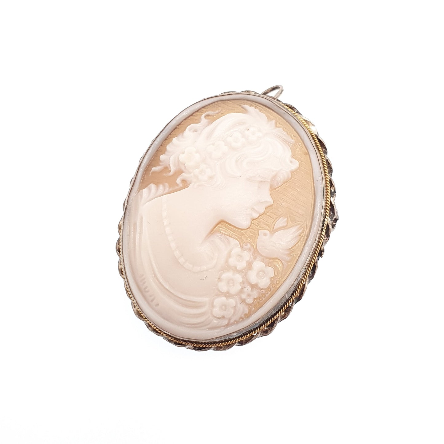 Vintage Sterling Silver Cameo Pendant Brooch Woman With Bird Genuine Shell 1970s Necklace Oval 925 Italian Womens Jewelry Jewellery