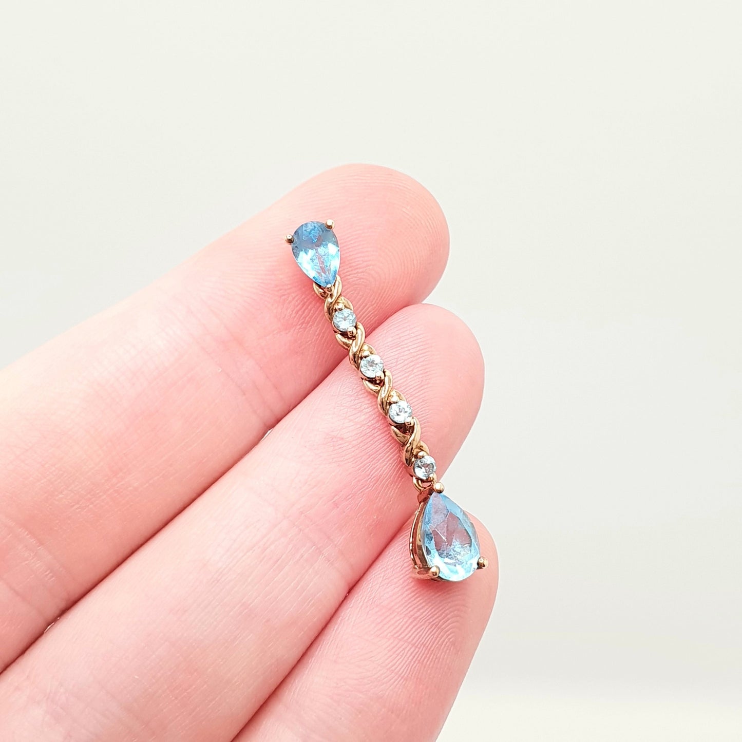 Vintage 9k 9ct Gold Swiss Topaz Necklace Pendant Aquamarine Style Blue Solid 375 Gemstone Hanging Pear Cut Retro Womens Jewelry Jewellery