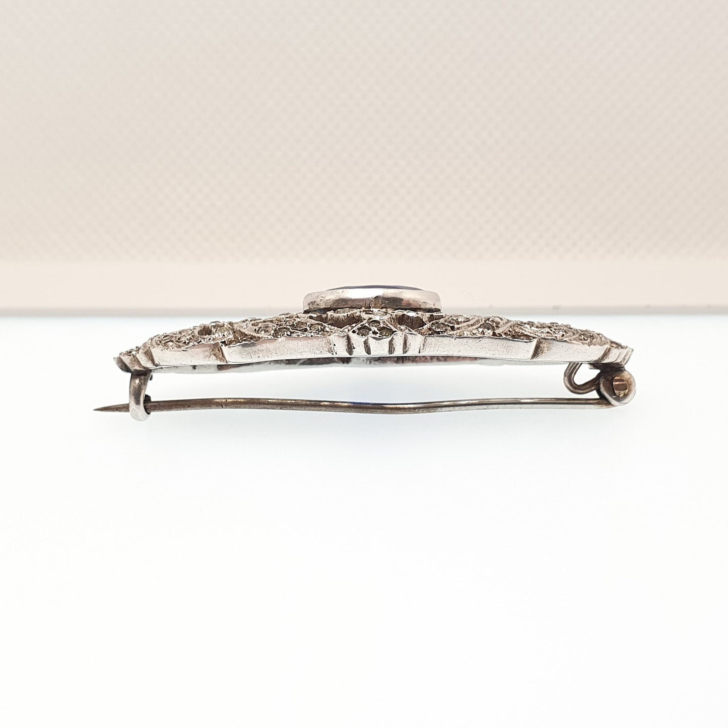Antique Victorian Sterling Silver Sapphire Paste Brooch Diamond Pastes Art Noueavu Ornate Scroll Sparkly Vintage Womens Jewelry Jewellery